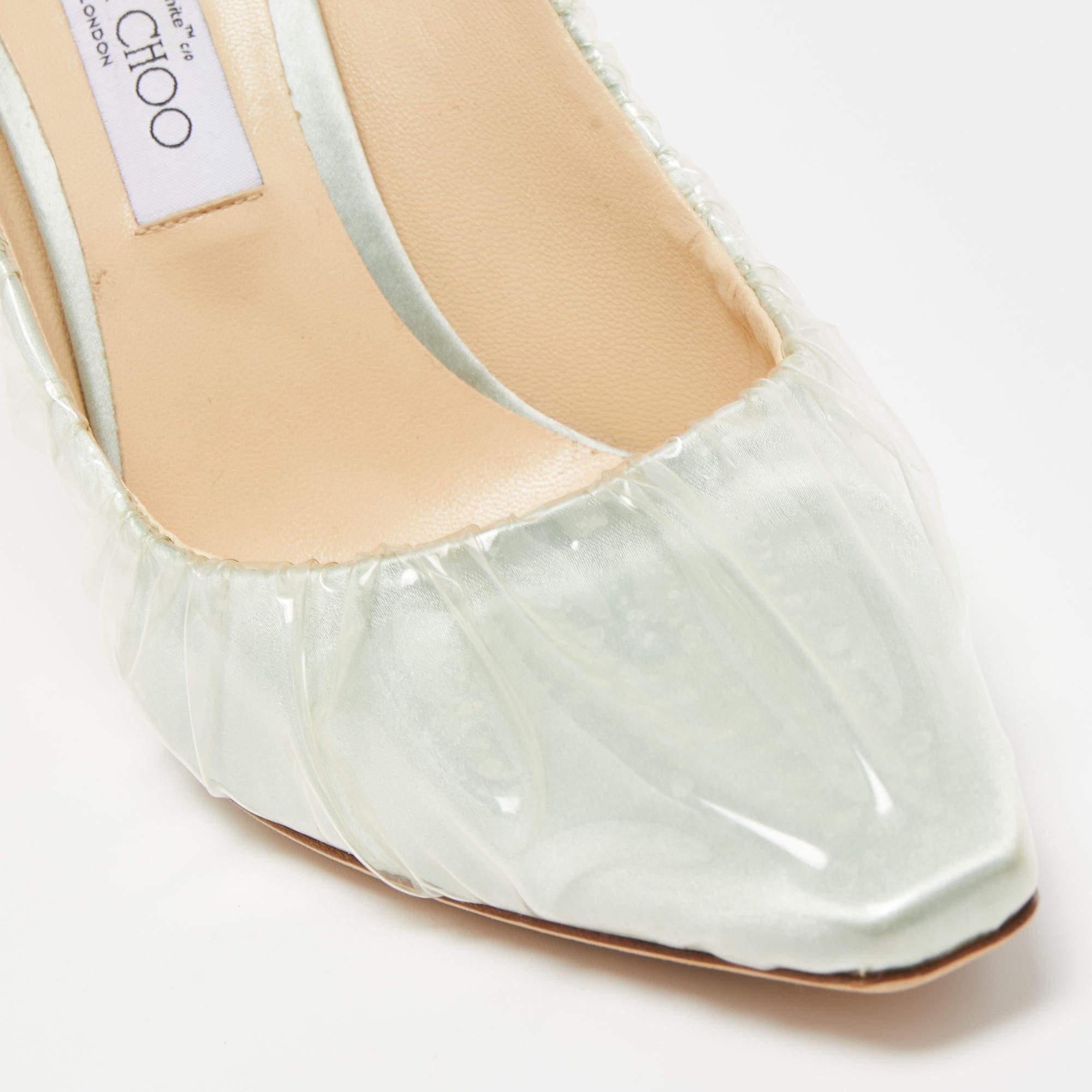 Jimmy Choo x Off-White Light Green Satin and Pleated PVC Anne Pumps Size 41 For Sale 3