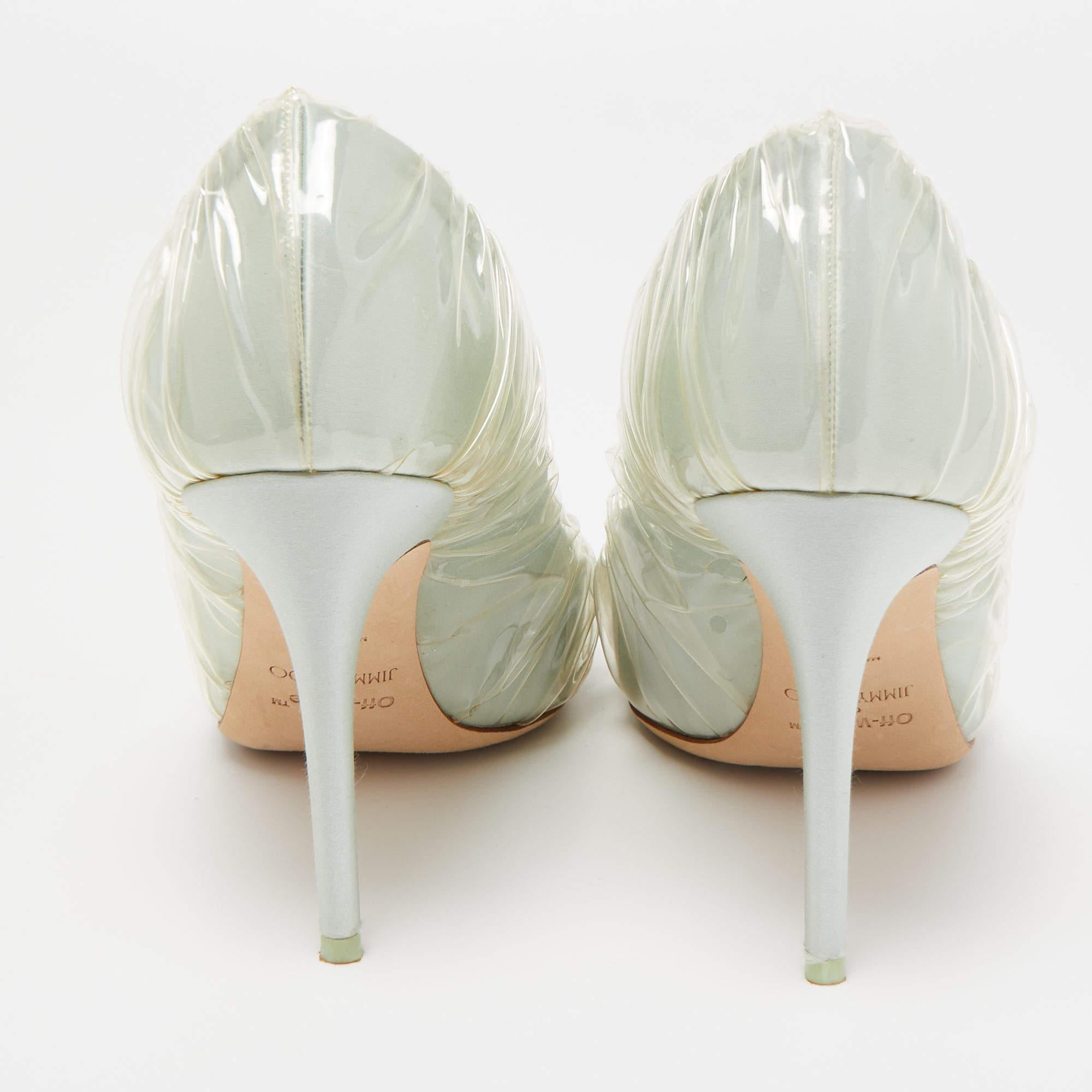 Jimmy Choo x Off-White Light Green Satin and Pleated PVC Anne Pumps Size 41 For Sale 4