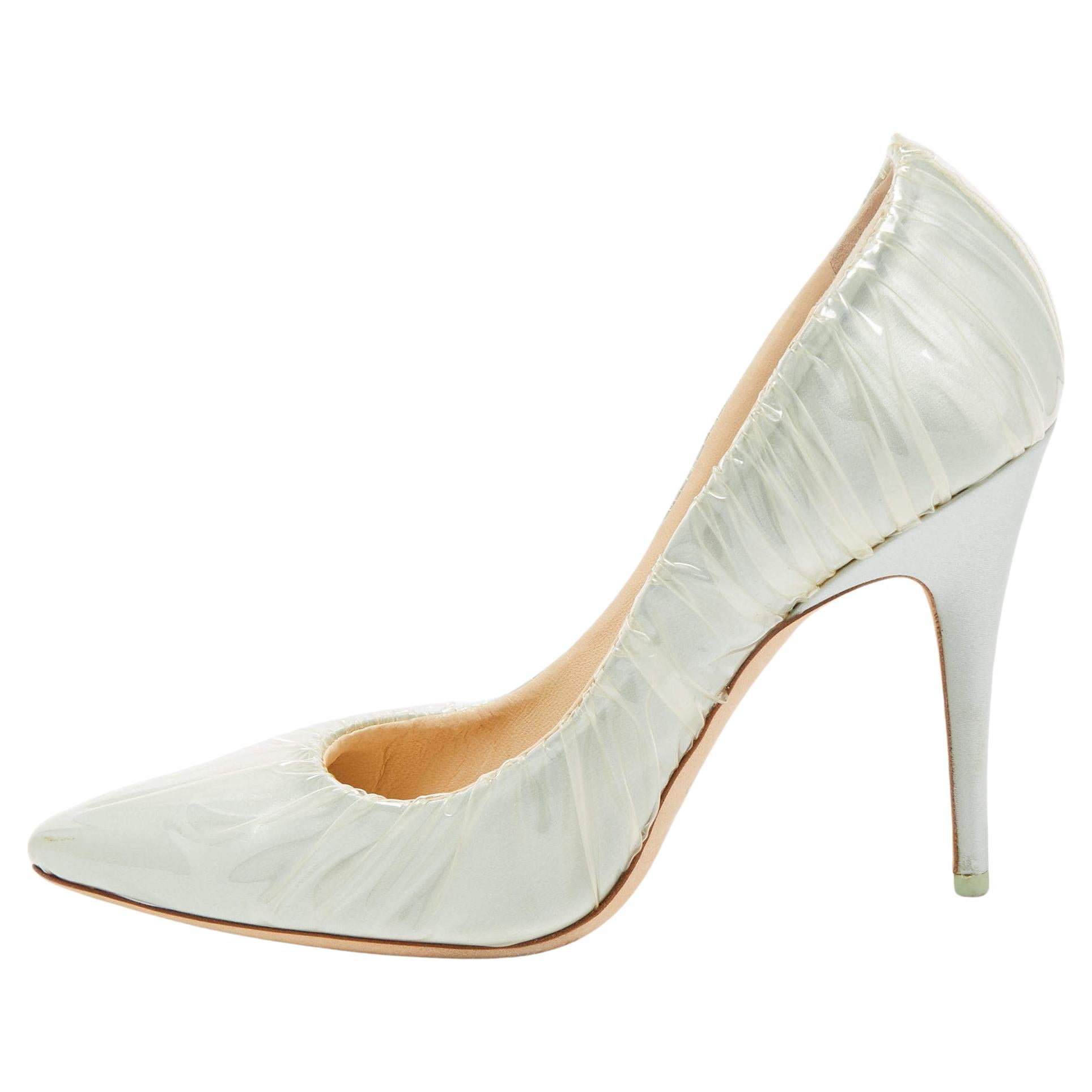 Jimmy Choo x Off-White Light Green Satin and Pleated PVC Anne Pumps Size 41 For Sale