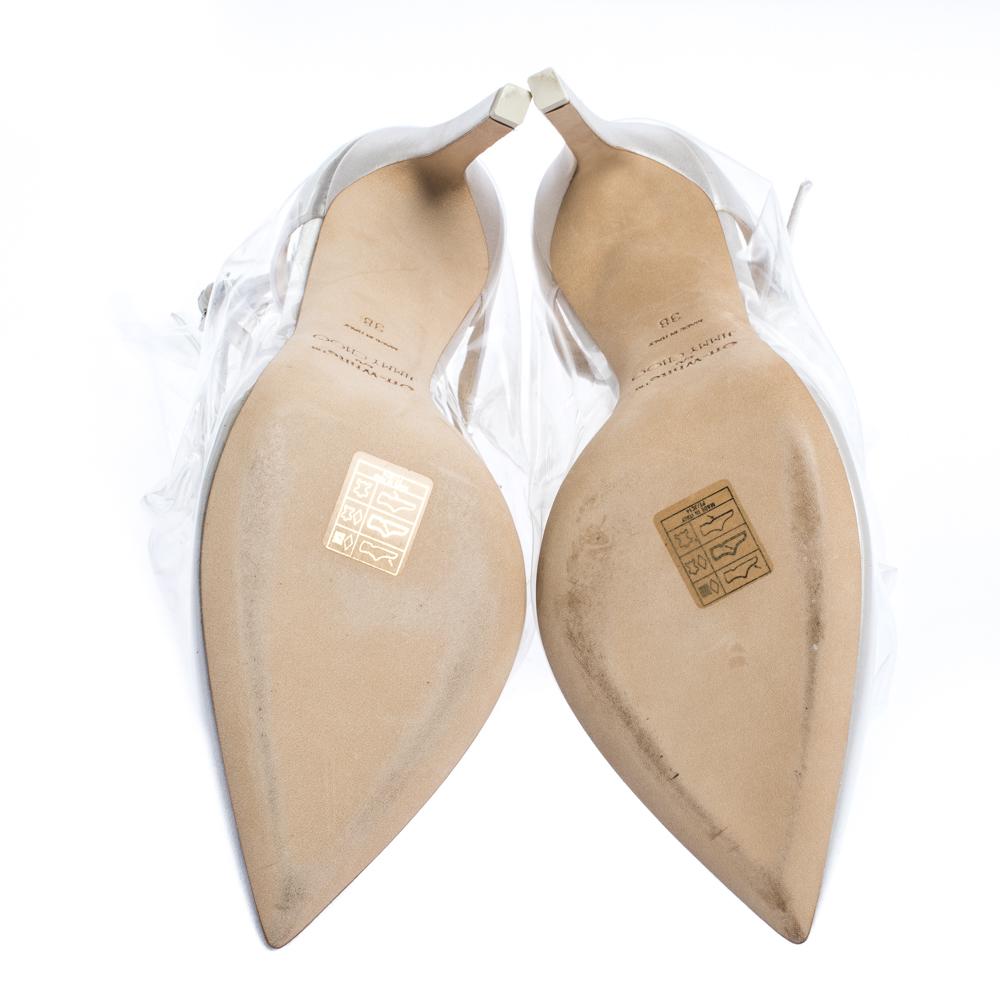 Jimmy Choo X OFF-WHITE Pearl White/Clear Satin and TPU Claire Pumps Size 38 In Excellent Condition In Dubai, Al Qouz 2