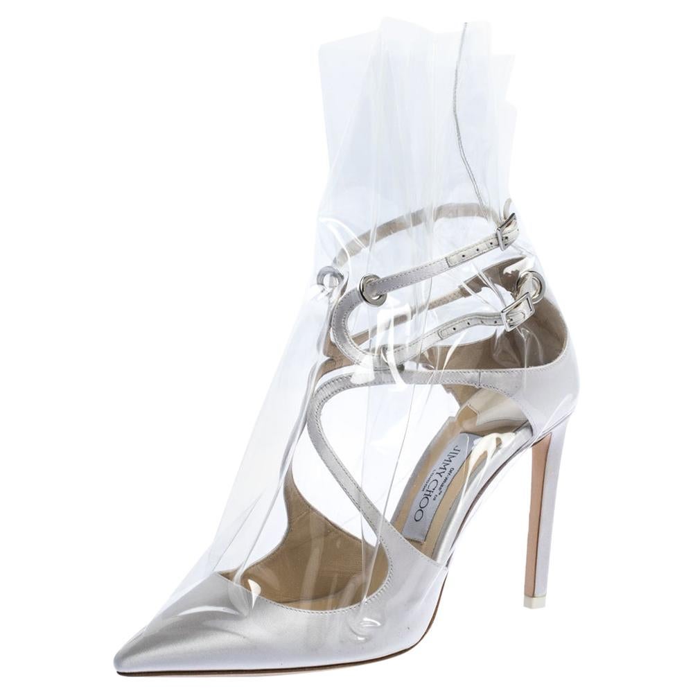 Jimmy Choo X OFF-WHITE Pearl White/Clear Satin and TPU Claire Pumps Size 38