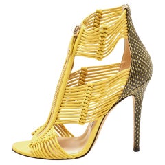 Jimmy Choo Yellow/Black Python and Leather Kattie Zip Front Strap Sandals Size 3