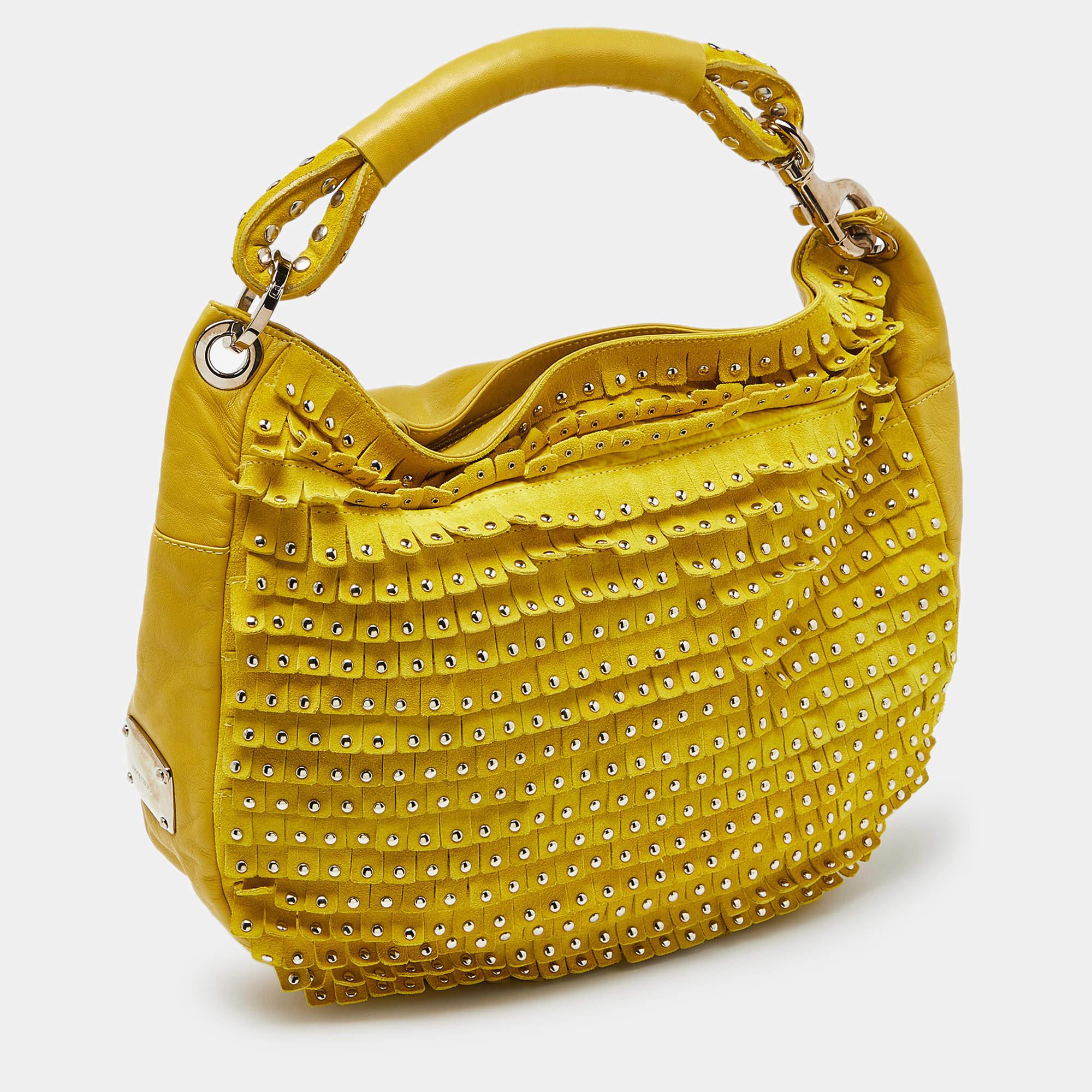 Jimmy Choo Yellow Leather and Suede Fringe Studded Hobo In Good Condition In Dubai, Al Qouz 2