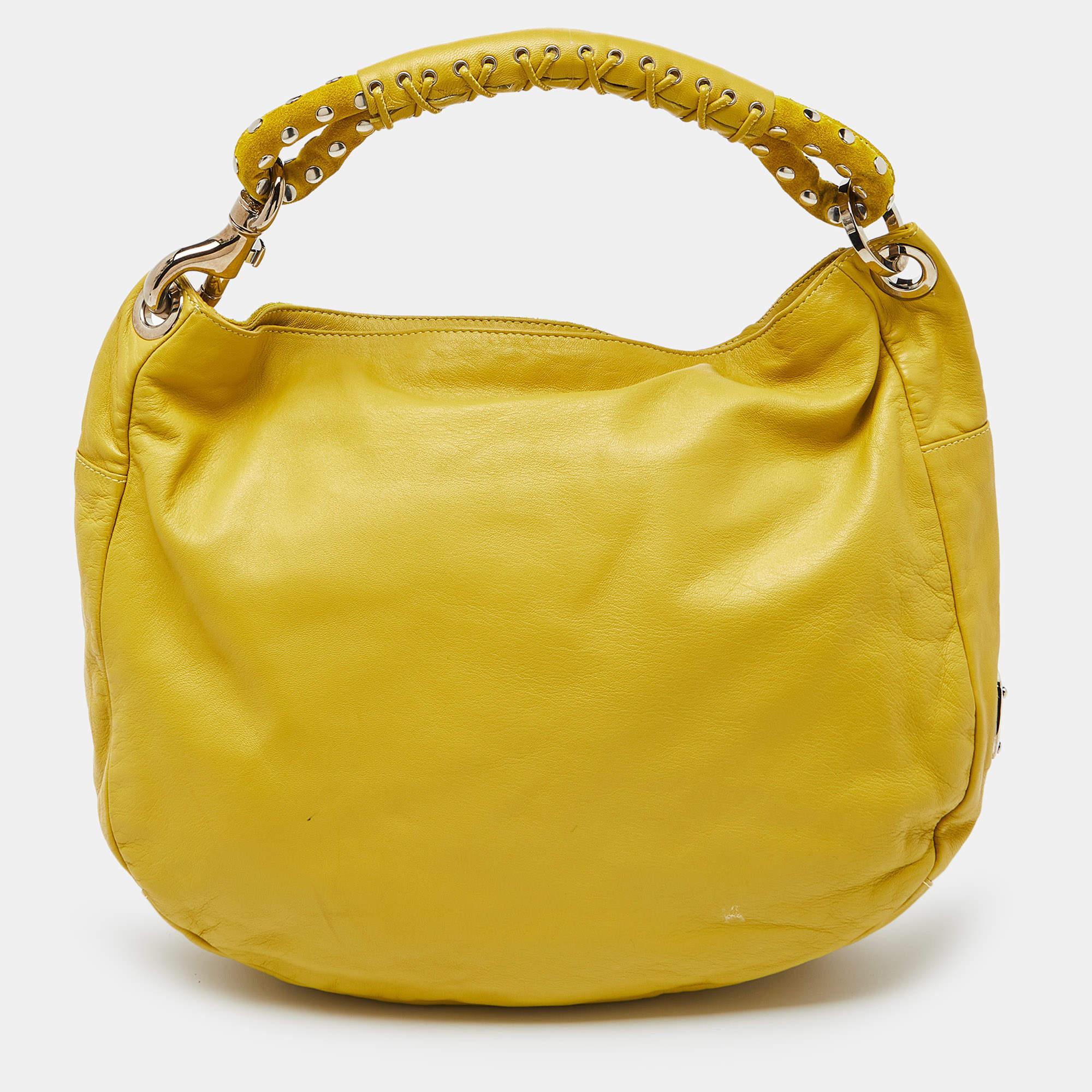 Women's Jimmy Choo Yellow Leather and Suede Fringe Studded Hobo