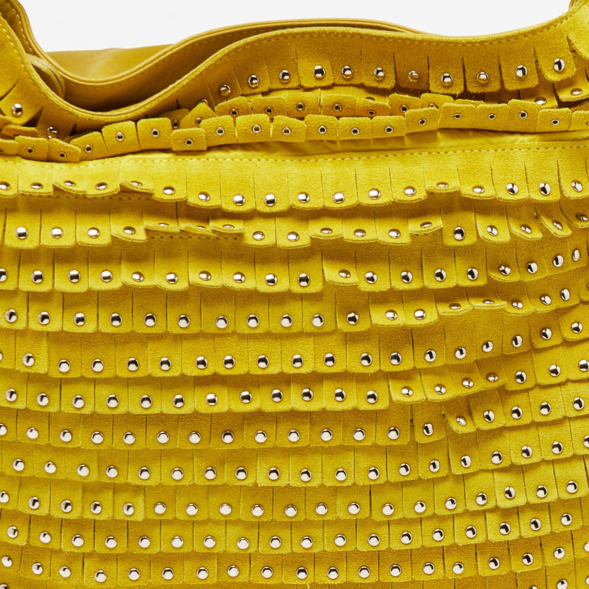 Jimmy Choo Yellow Leather and Suede Fringe Studded Hobo 1