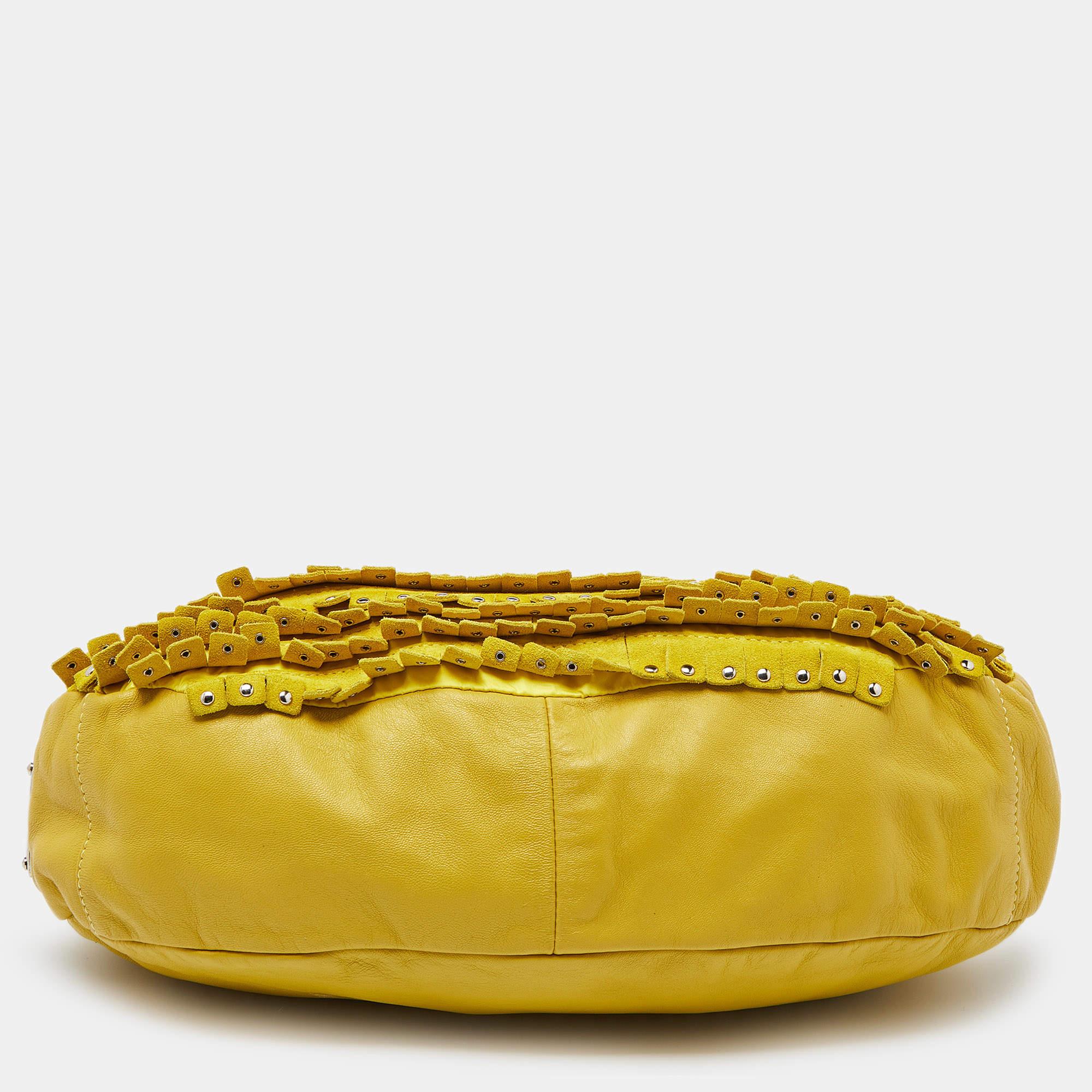 Jimmy Choo Yellow Leather and Suede Fringe Studded Hobo 2