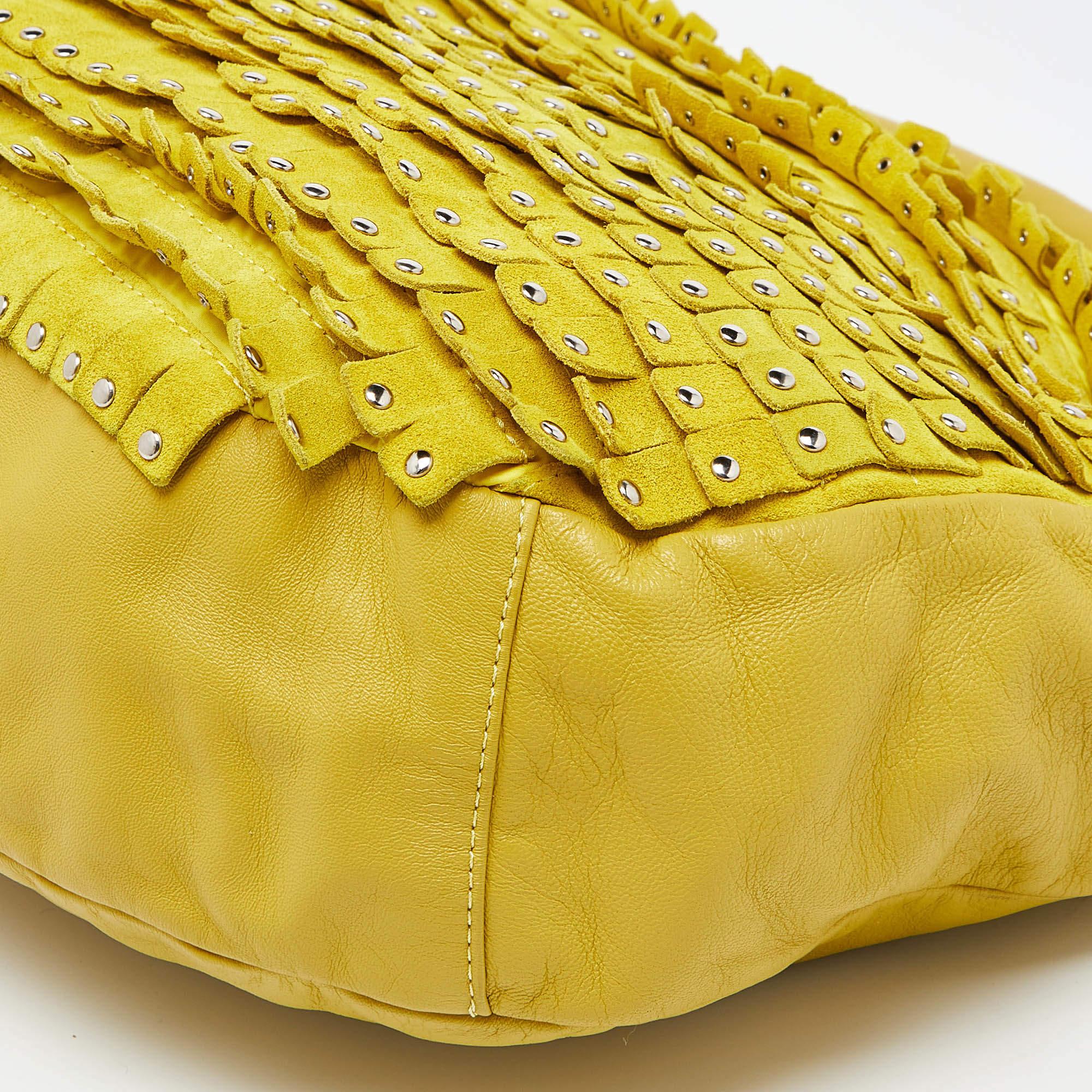 Jimmy Choo Yellow Leather and Suede Fringe Studded Hobo 5