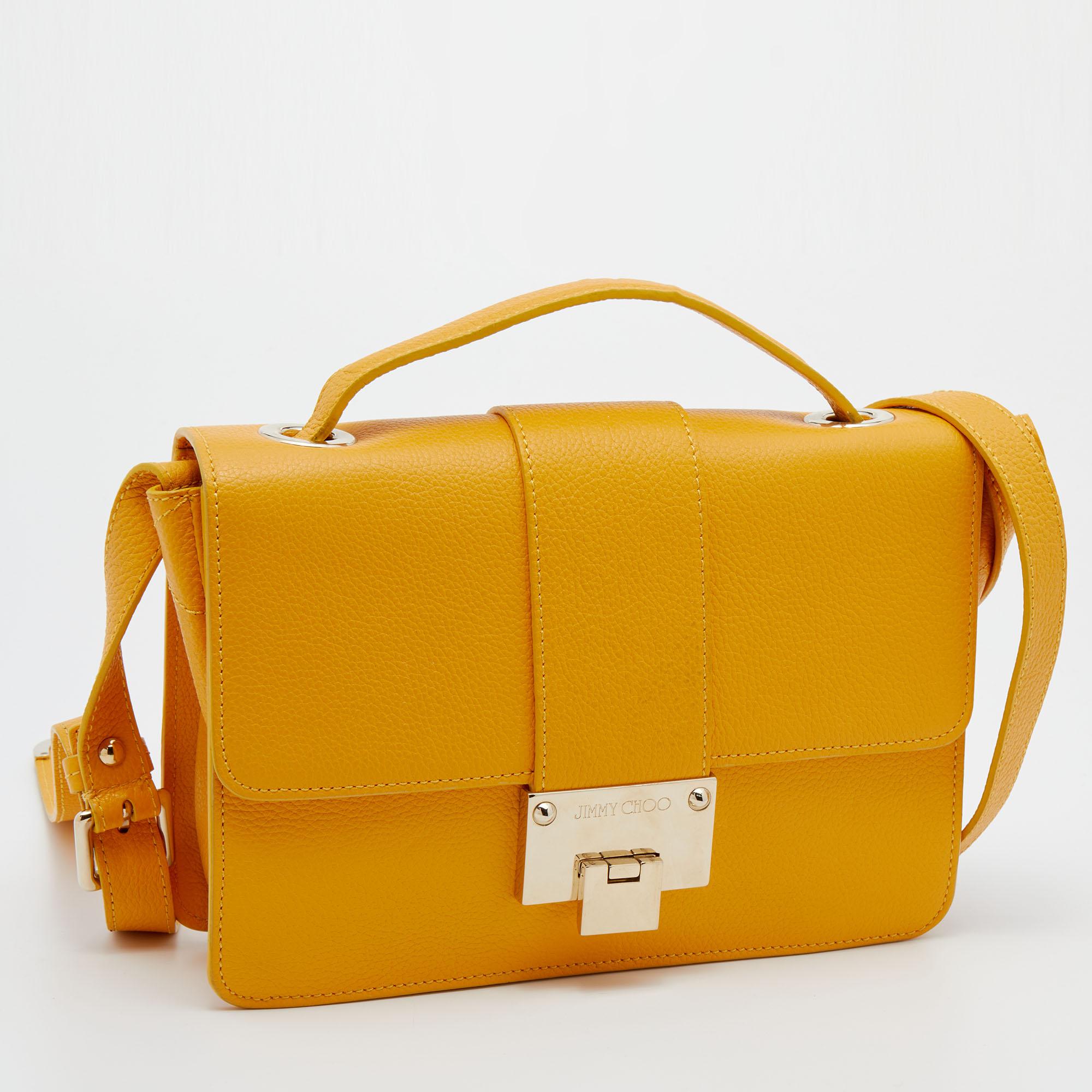 Jimmy Choo Yellow Leather Rebel Flap Top Handle Bag In Good Condition In Dubai, Al Qouz 2