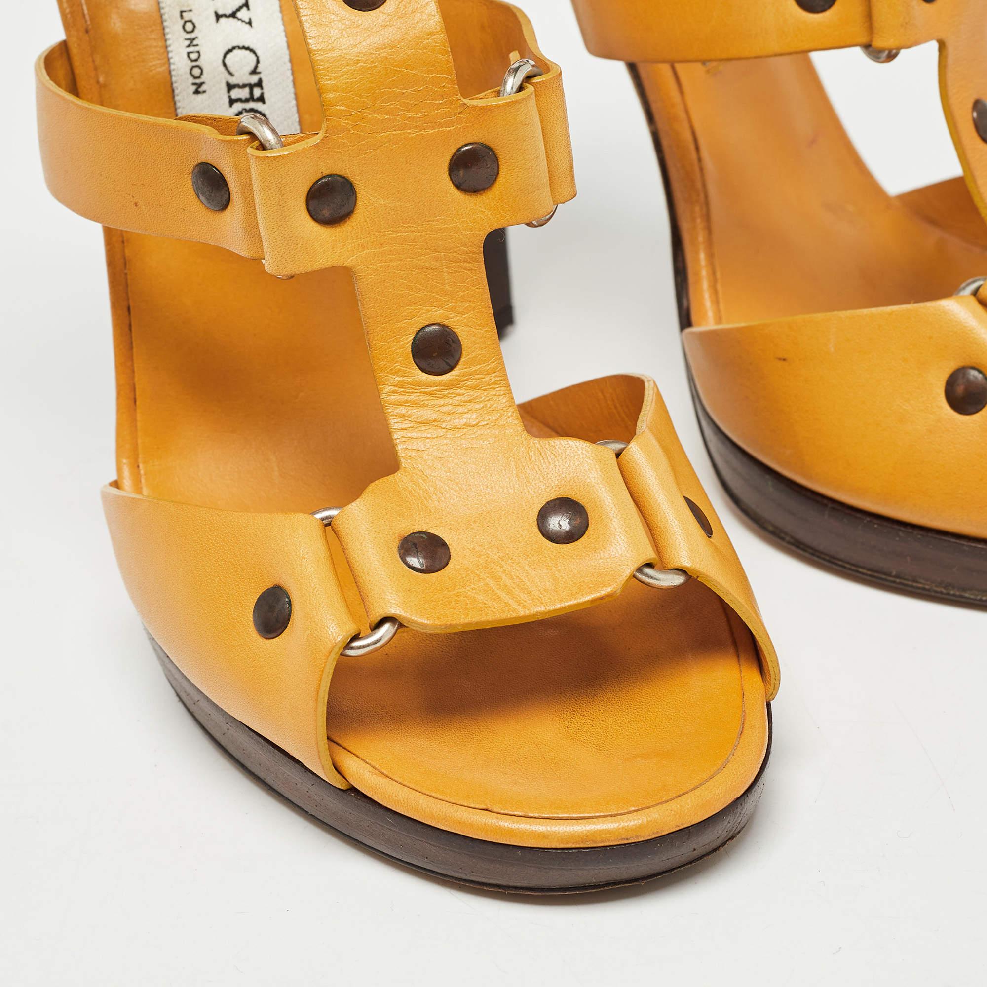 Jimmy Choo Yellow Leather Studded Ankle Strap Sandals Size 37 For Sale 3
