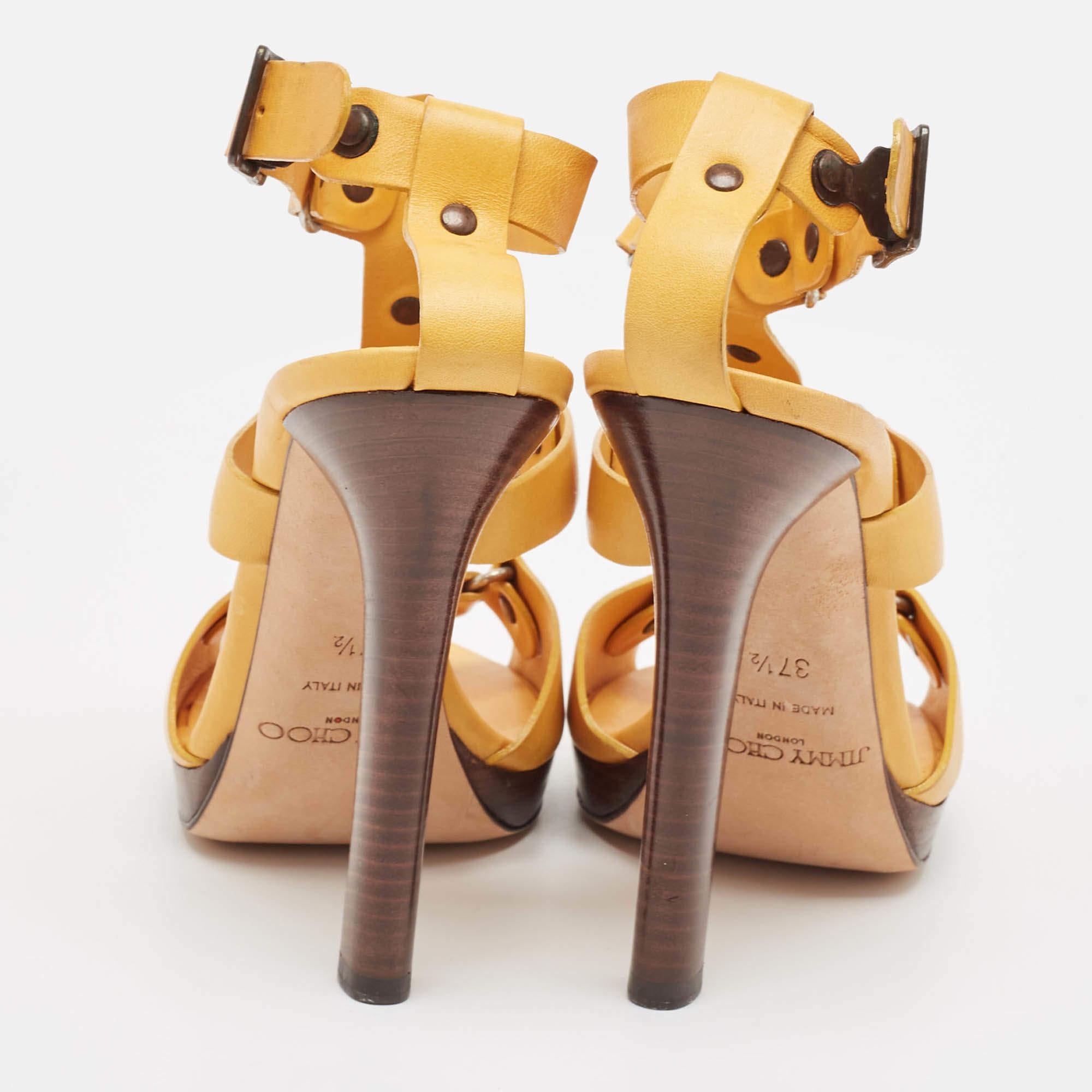 Jimmy Choo Yellow Leather Studded T-Bar Ankle Strap Sandals Size 37.5 For Sale 1