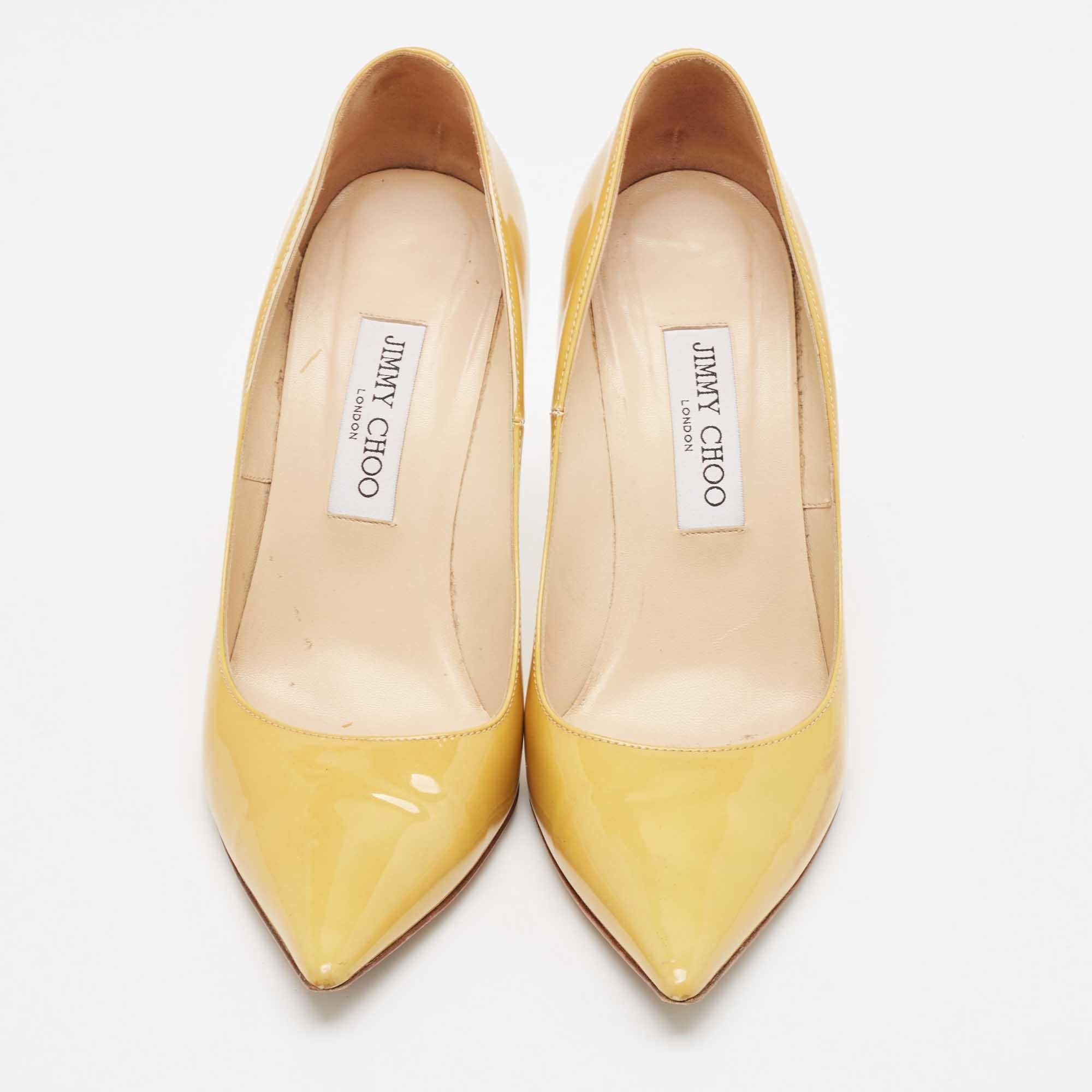 Beige Jimmy Choo Yellow Patent Leather Abel Pumps Size 39 For Sale