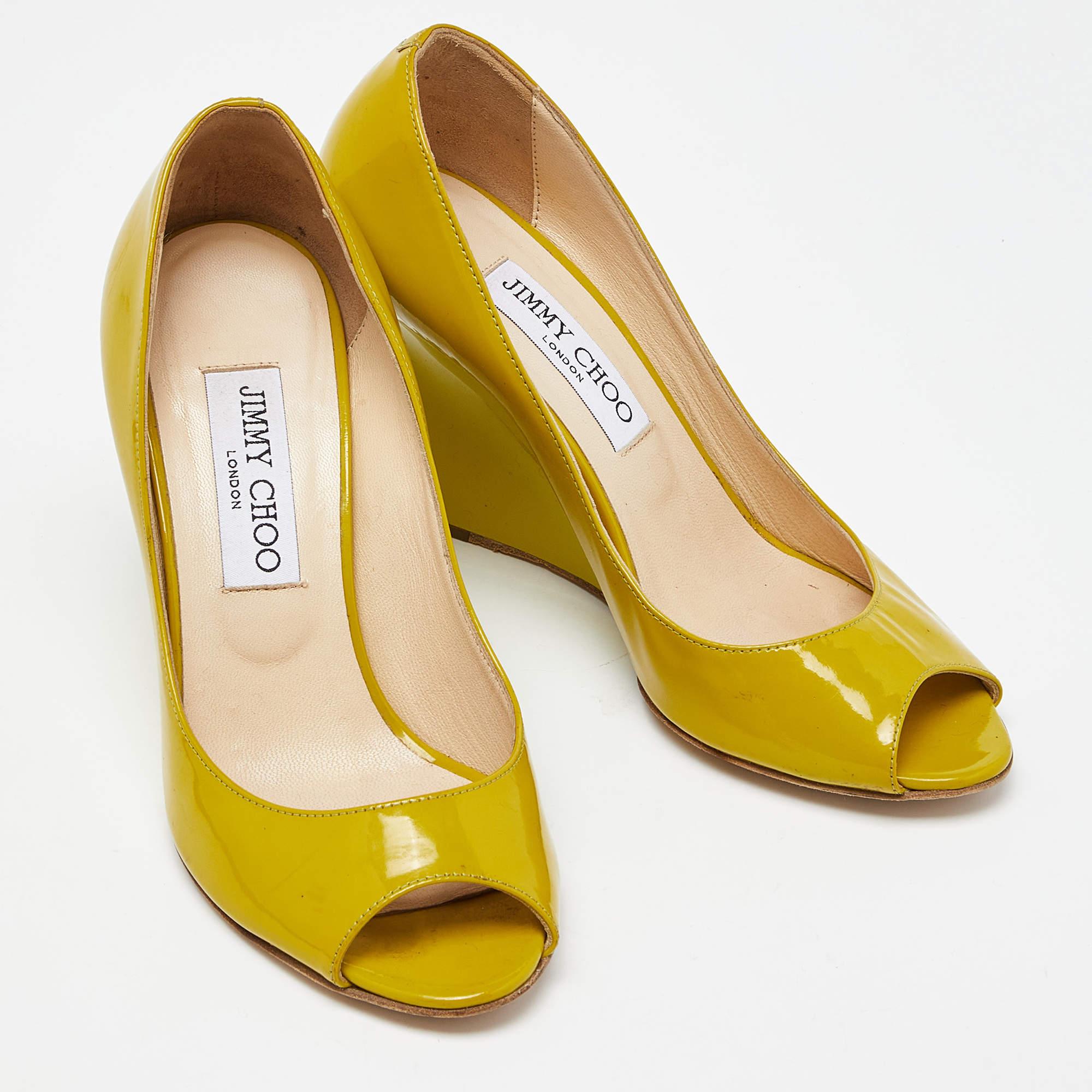 Women's Jimmy Choo Yellow Patent Leather Baxen Peep Toe Wedge Pumps 36