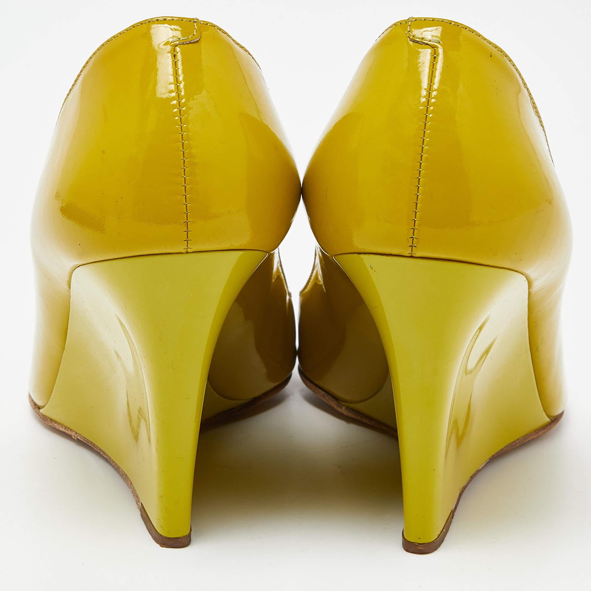 Jimmy Choo Yellow Patent Leather Baxen Peep Toe Wedge Pumps 36 1
