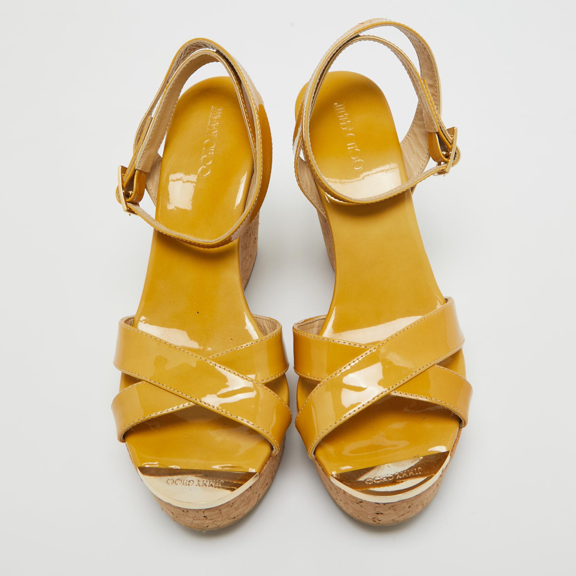 Women's Jimmy Choo Yellow Patent Leather Cork Wedge Ankle Strap Sandals Size 39.5 For Sale