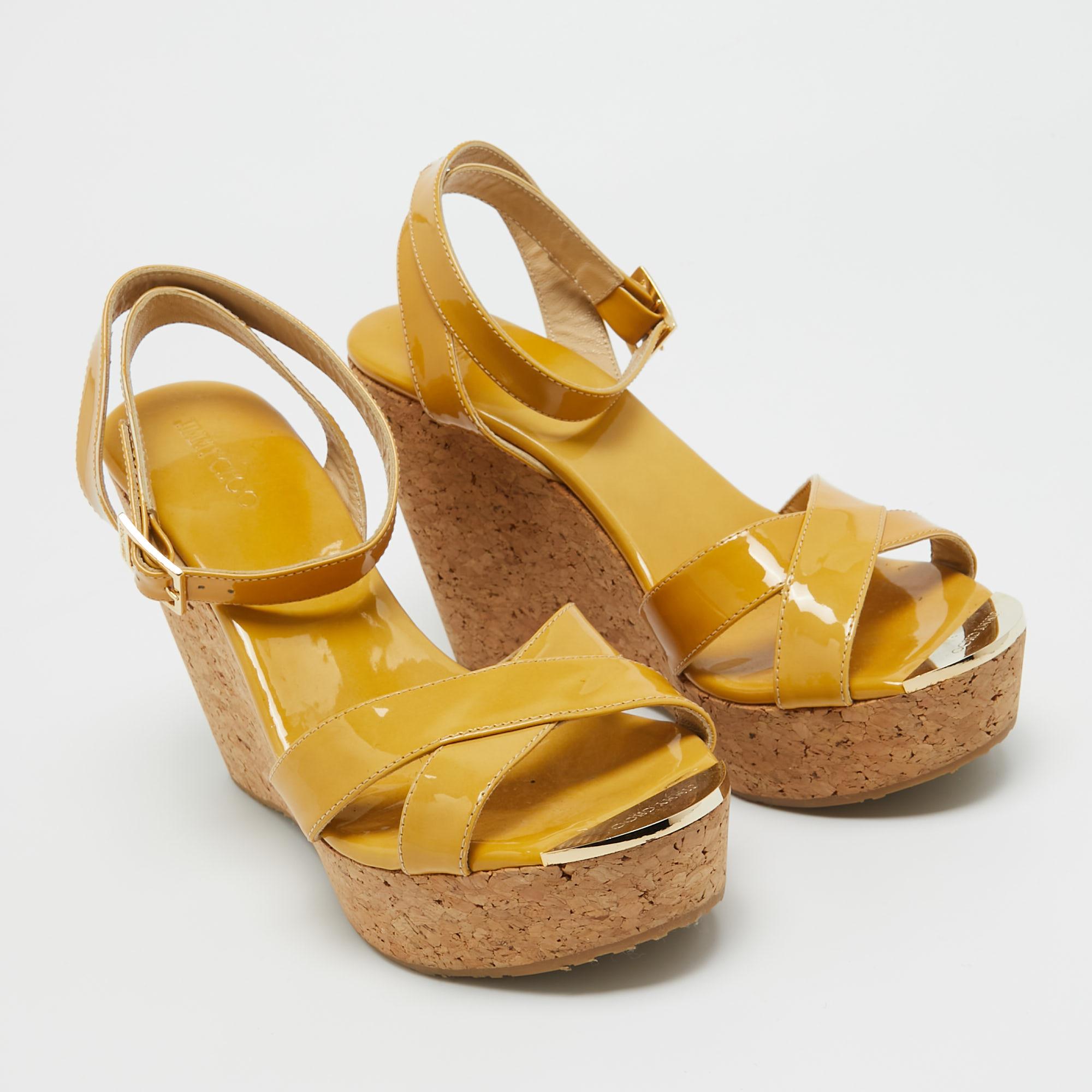 Jimmy Choo Yellow Patent Leather Cork Wedge Ankle Strap Sandals Size 39.5 For Sale 1