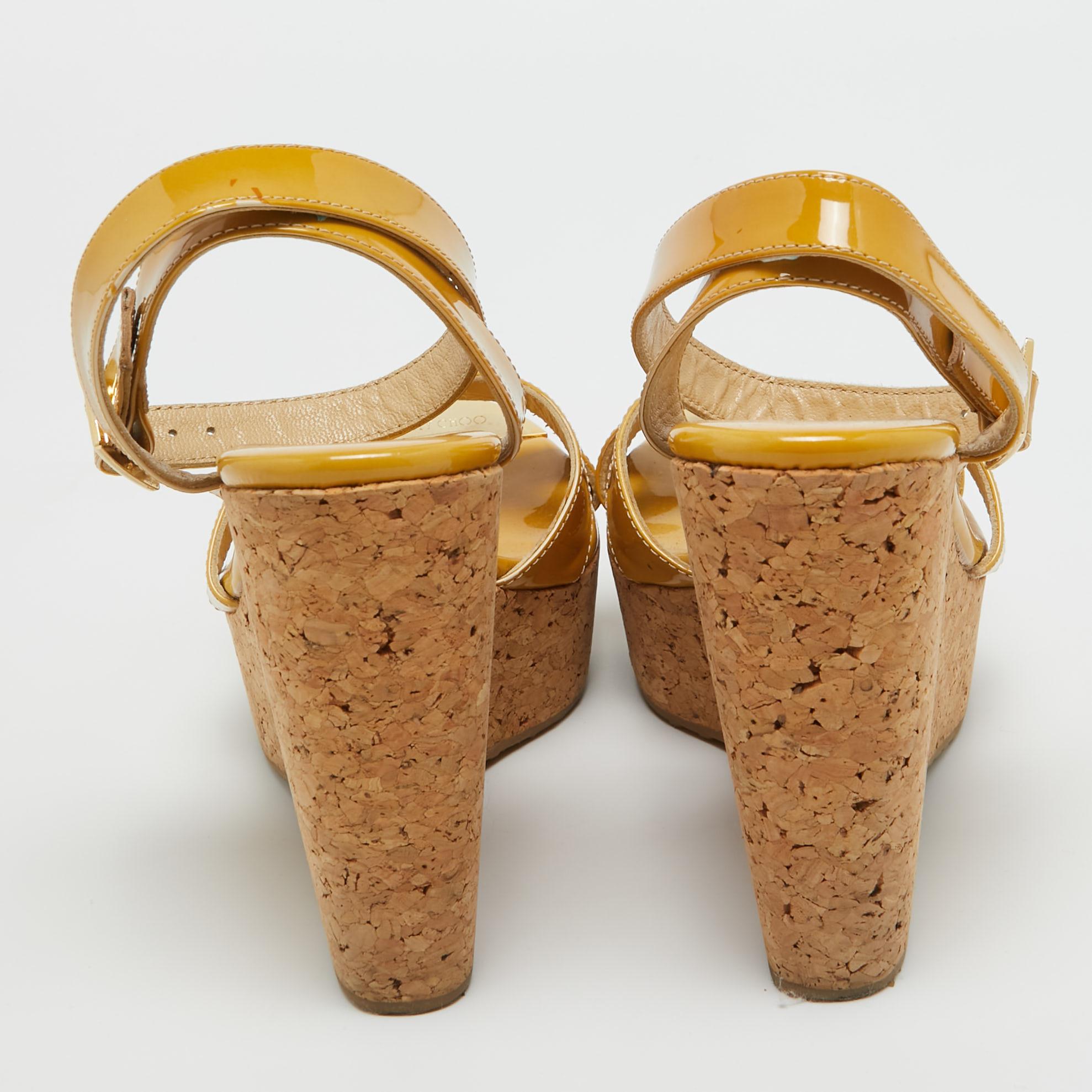 Jimmy Choo Yellow Patent Leather Cork Wedge Ankle Strap Sandals Size 39.5 For Sale 2