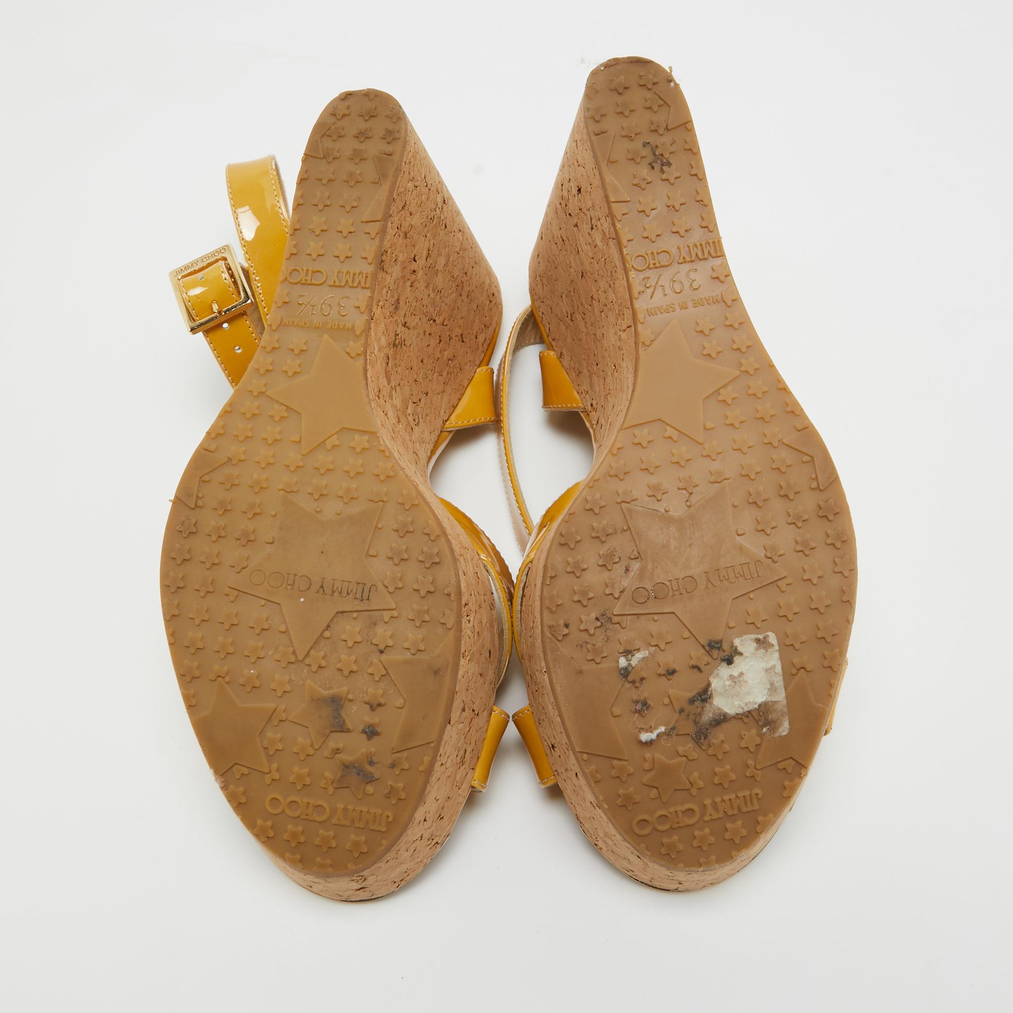 Jimmy Choo Yellow Patent Leather Cork Wedge Ankle Strap Sandals Size 39.5 For Sale 3