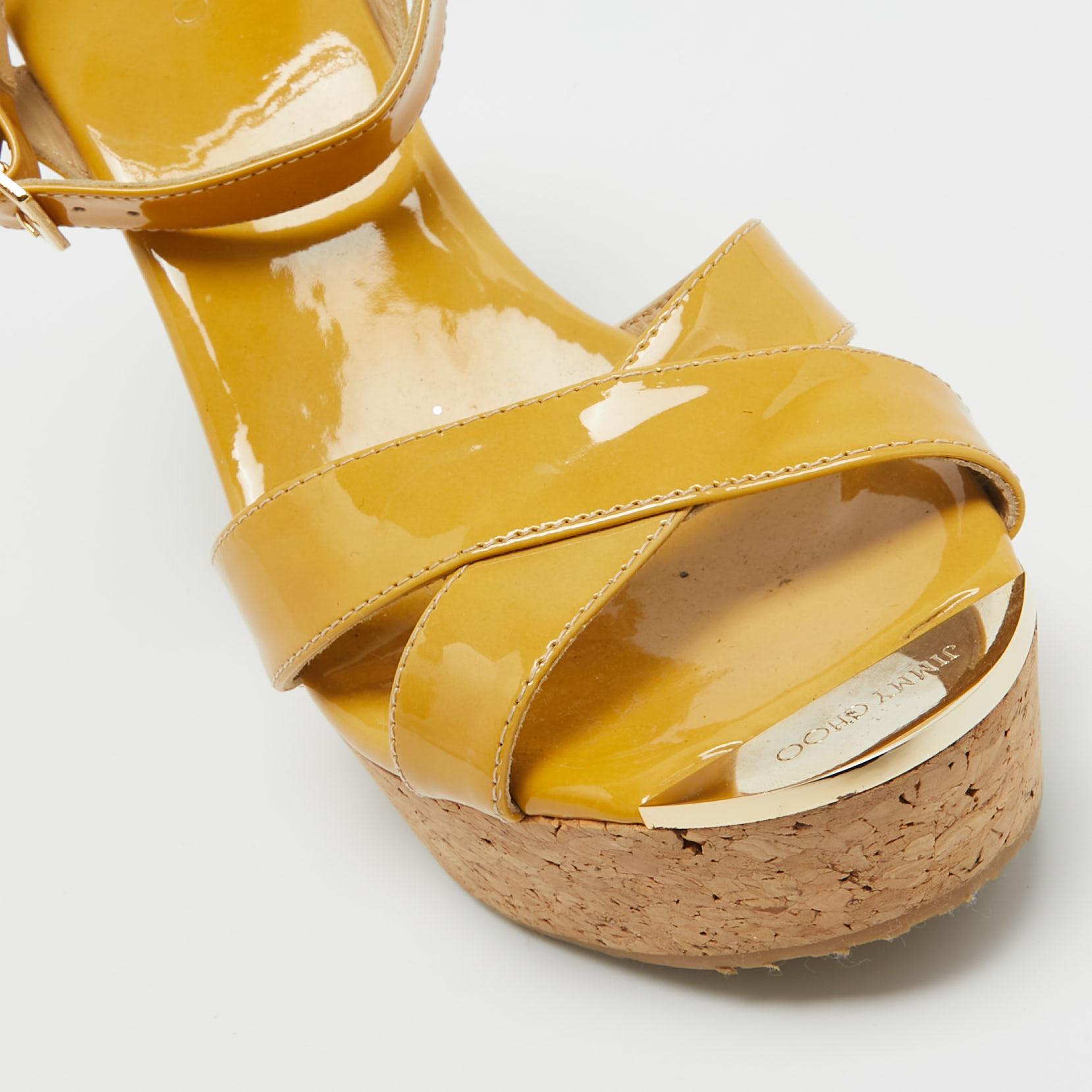 Jimmy Choo Yellow Patent Leather Cork Wedge Ankle Strap Sandals Size 39.5 For Sale 4