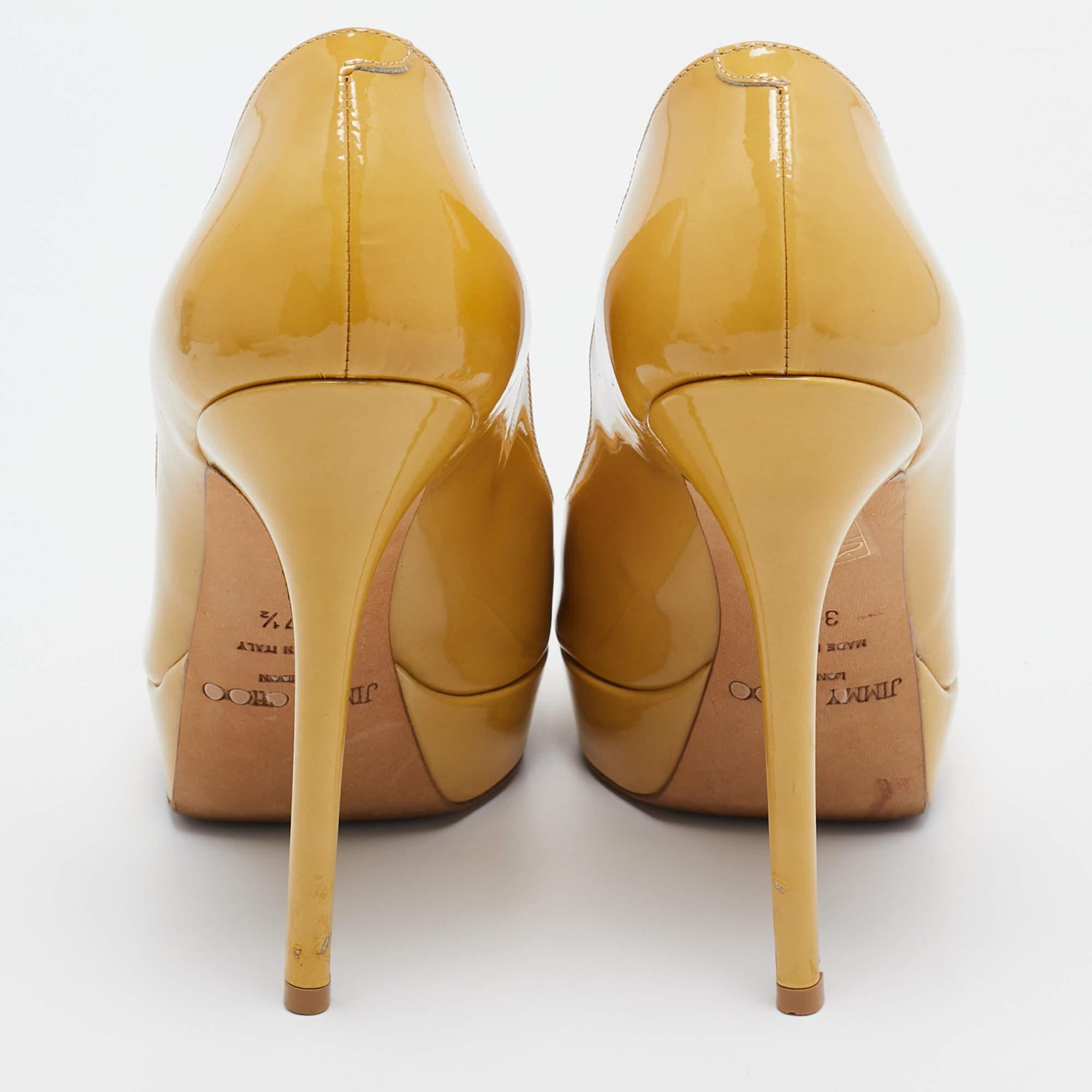 Jimmy Choo Yellow Patent Leather Crown Platform Peep Toe Pumps Size 37.5 For Sale 1