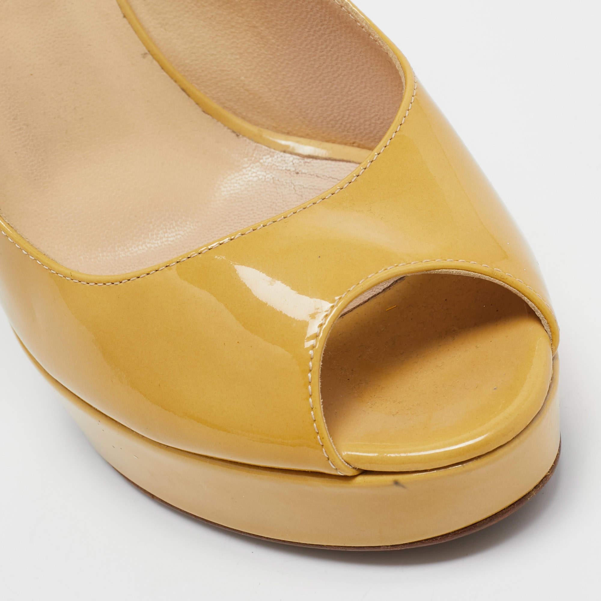 Jimmy Choo Yellow Patent Leather Crown Platform Peep Toe Pumps Size 37.5 For Sale 3