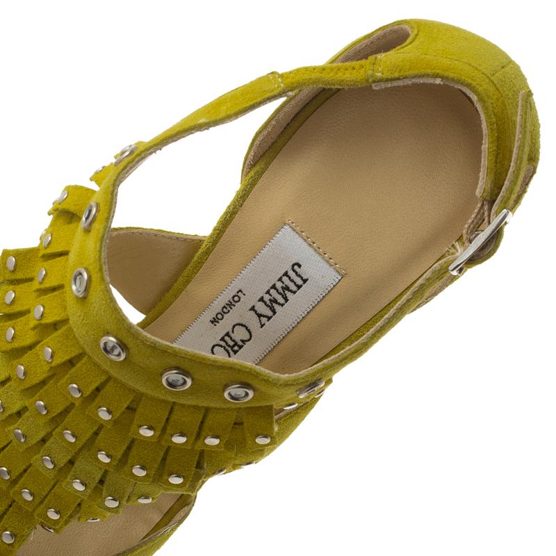 Jimmy Choo Yellow Suede Studded Fringe Platform Sandals Size 36.5 5