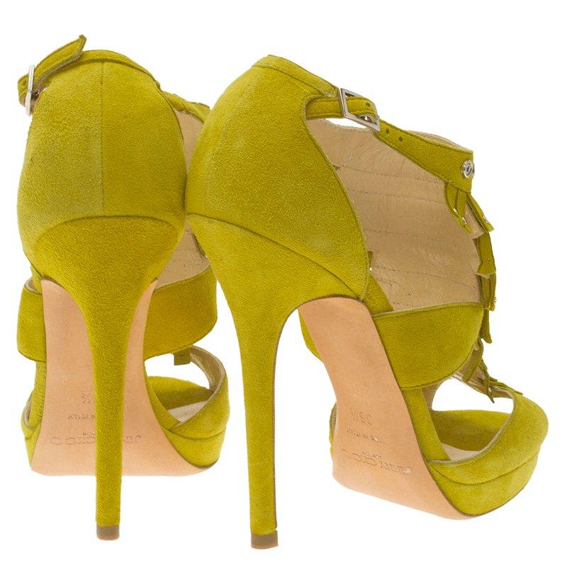 Women's Jimmy Choo Yellow Suede Studded Fringe Platform Sandals Size 36.5