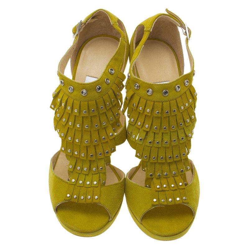 Jimmy Choo Yellow Suede Studded Fringe Platform Sandals Size 36.5 1