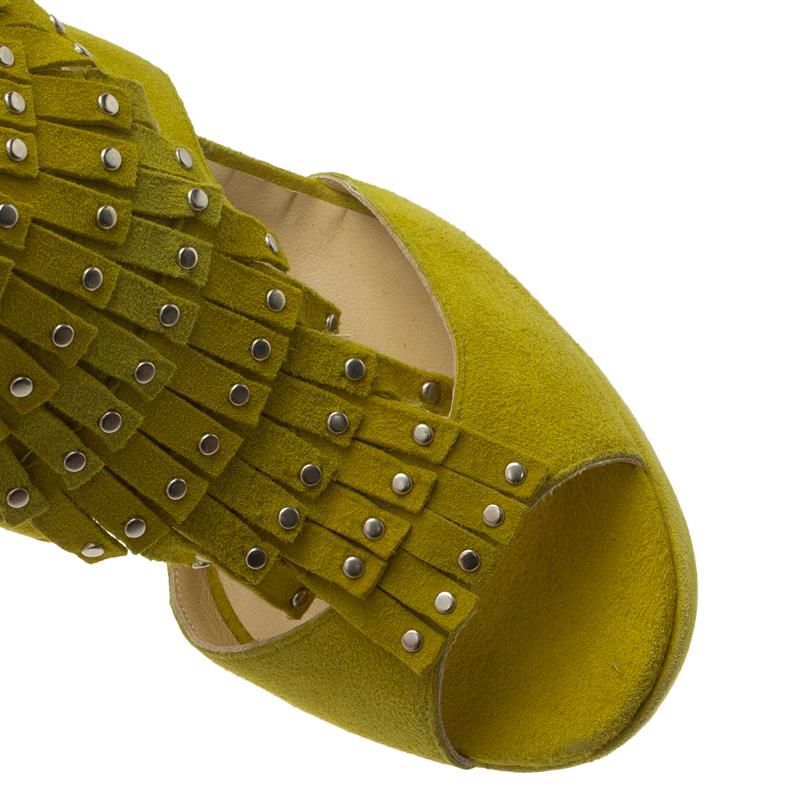 Jimmy Choo Yellow Suede Studded Fringe Platform Sandals Size 36.5 3