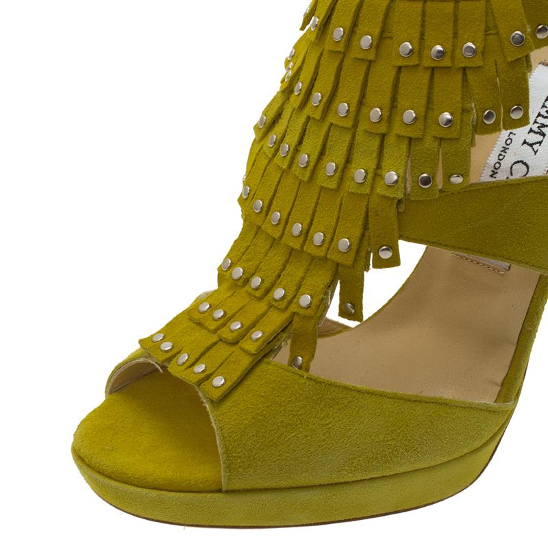 Jimmy Choo Yellow Suede Studded Fringe Platform Sandals Size 36.5 4