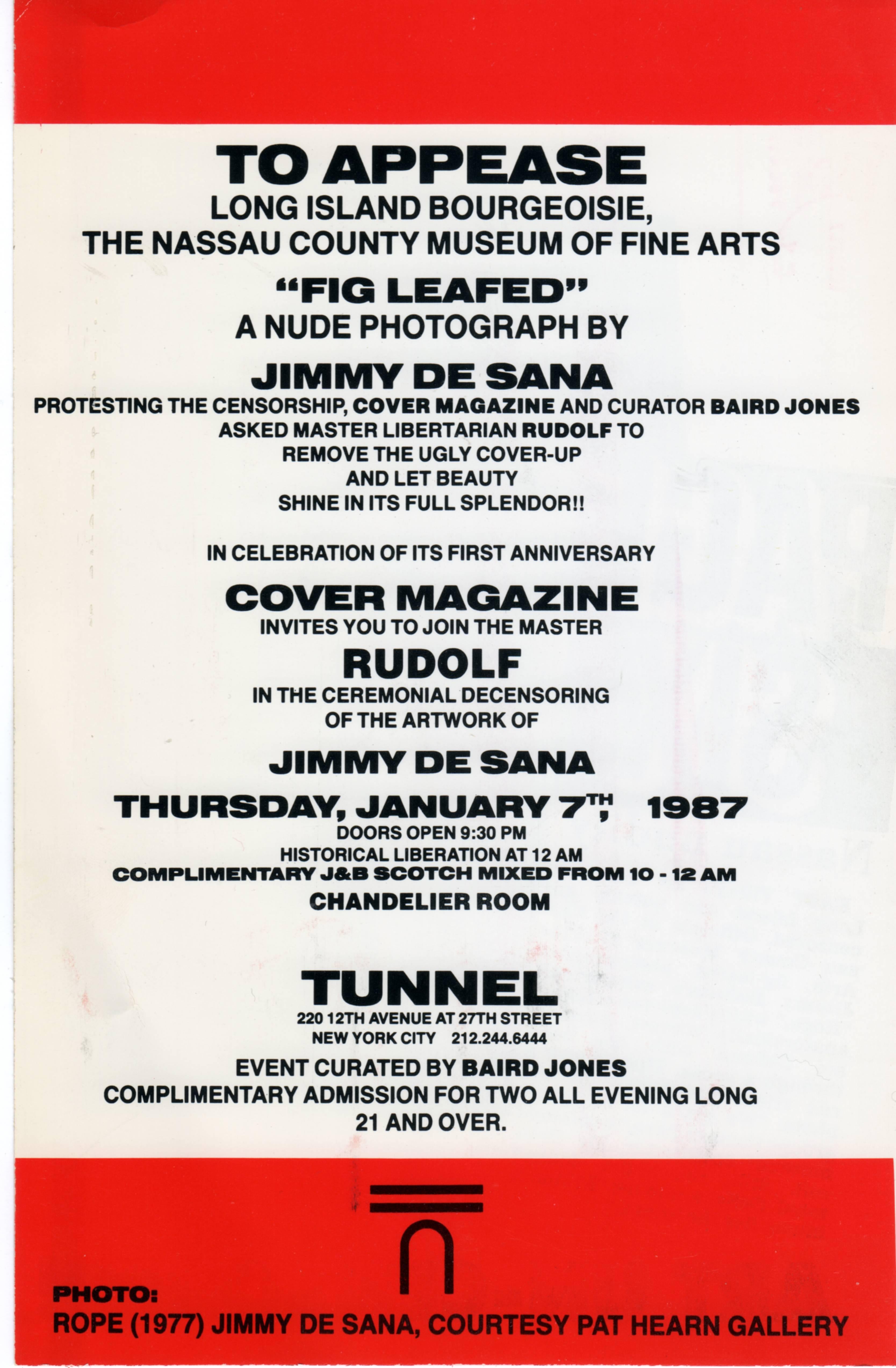 Photographer Jimmy DeSana 
Vintage original 1987 invitation for “Art Un-Censored” at the legendary New York nightclub Tunnel.

'Art Un-Censored 'was a nightclub-held 'protest' against the decision by the Nassau County Museum of Fine Arts to “fig