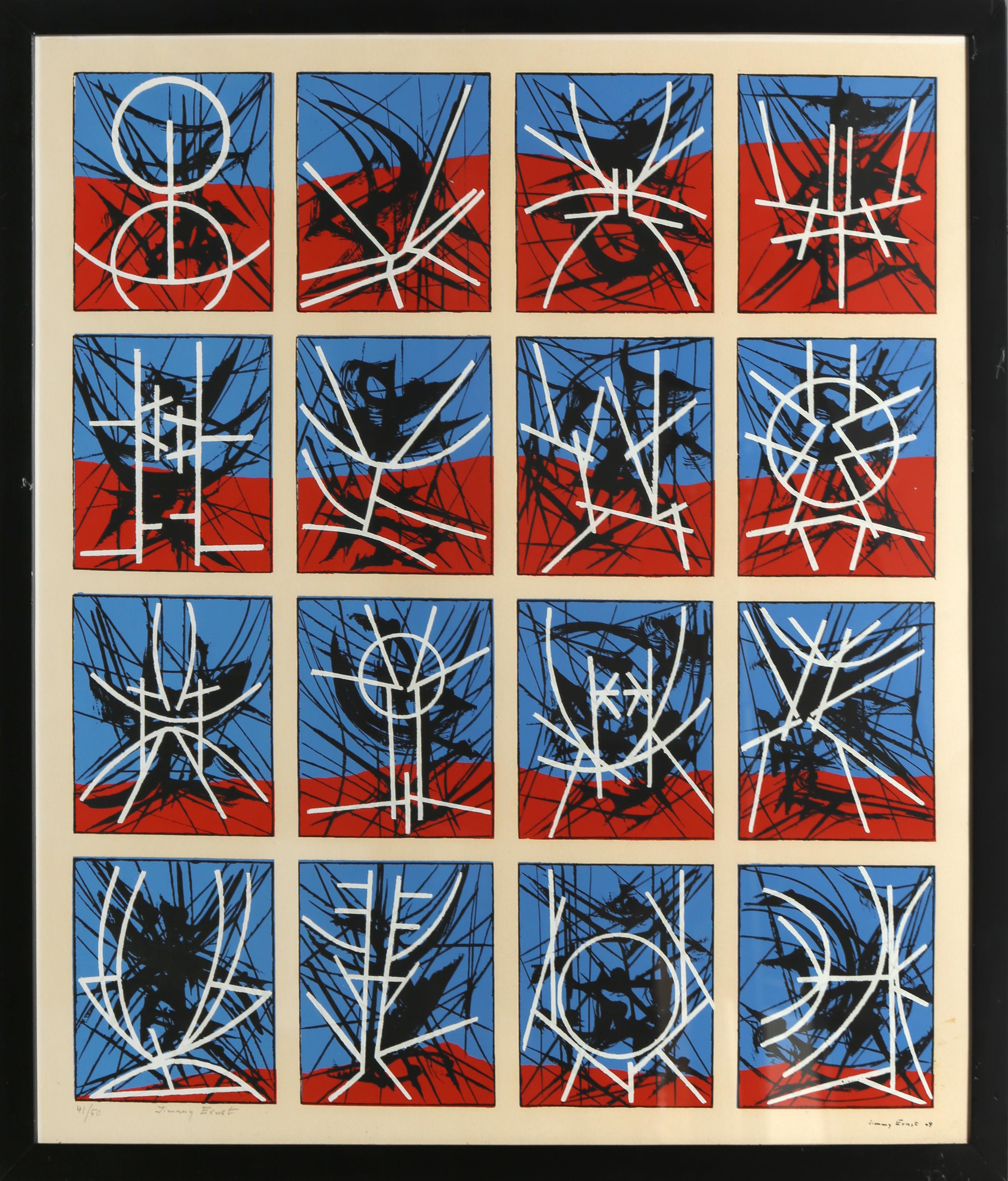 Hieroglyphen von Jimmy Ernst, Amerikaner (1920-1984)
Datum: 1969
Siebdruck, signiert, nummeriert und datiert mit Bleistift
Auflage von 41/50
Größe: 22 x 18 Zoll (55,88 x 45,72 cm)
Rahmengröße: 25,25 x 21,75 Zoll