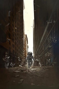Gran pintura al óleo abstracta y realista de un astronauta sobre tabla "Abandono"