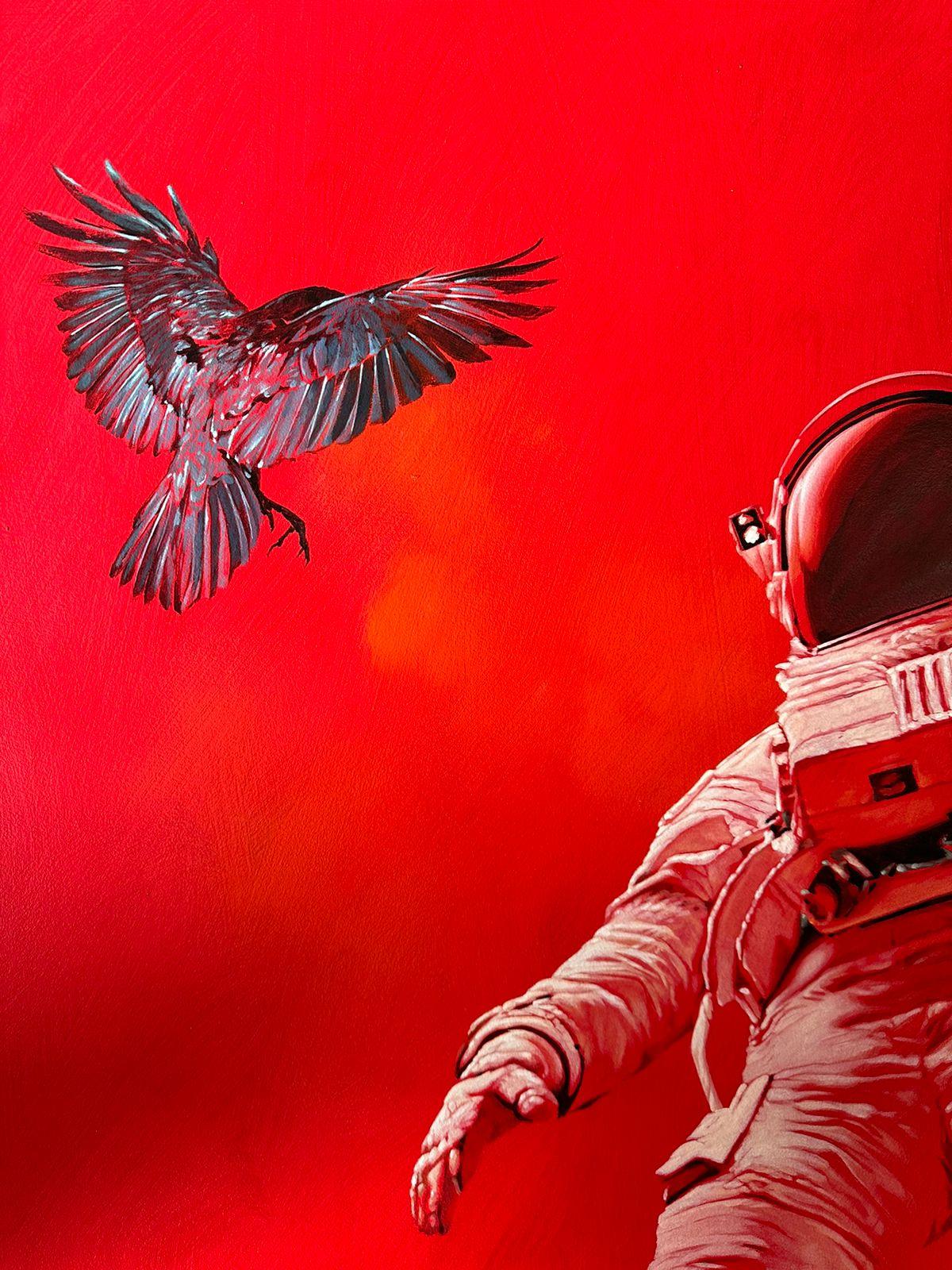 The artist started with the astronaut theme during Covid 19.  These works were influenced by the isolation and questions regarding our identity and place in our world and universe at the that time.  The Astronaut theme has progressed from works that