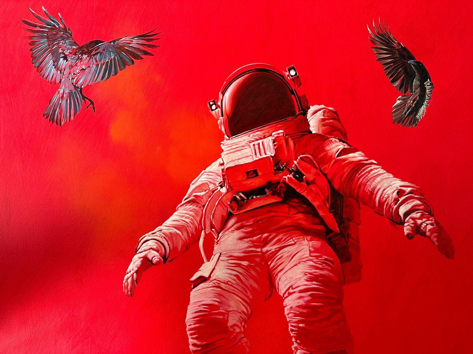 Large Abstract and Realistic Astronaut Oil Painting on Board 