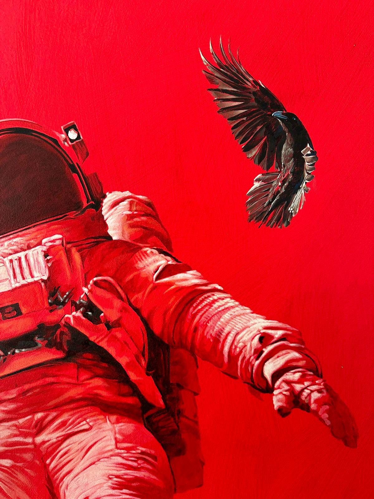 Large Abstract and Realistic Astronaut Oil Painting on Board 