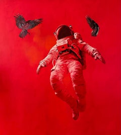 Gran pintura al óleo abstracta y realista de un astronauta sobre tabla "Prueba de vida"