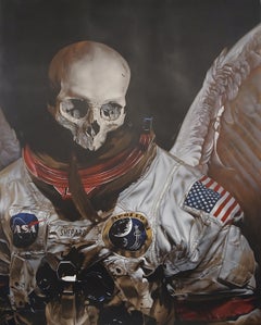 Grande dipinto a olio su tela di un astronauta con teschio surreale "Heaven Sent" (inviato dal cielo)