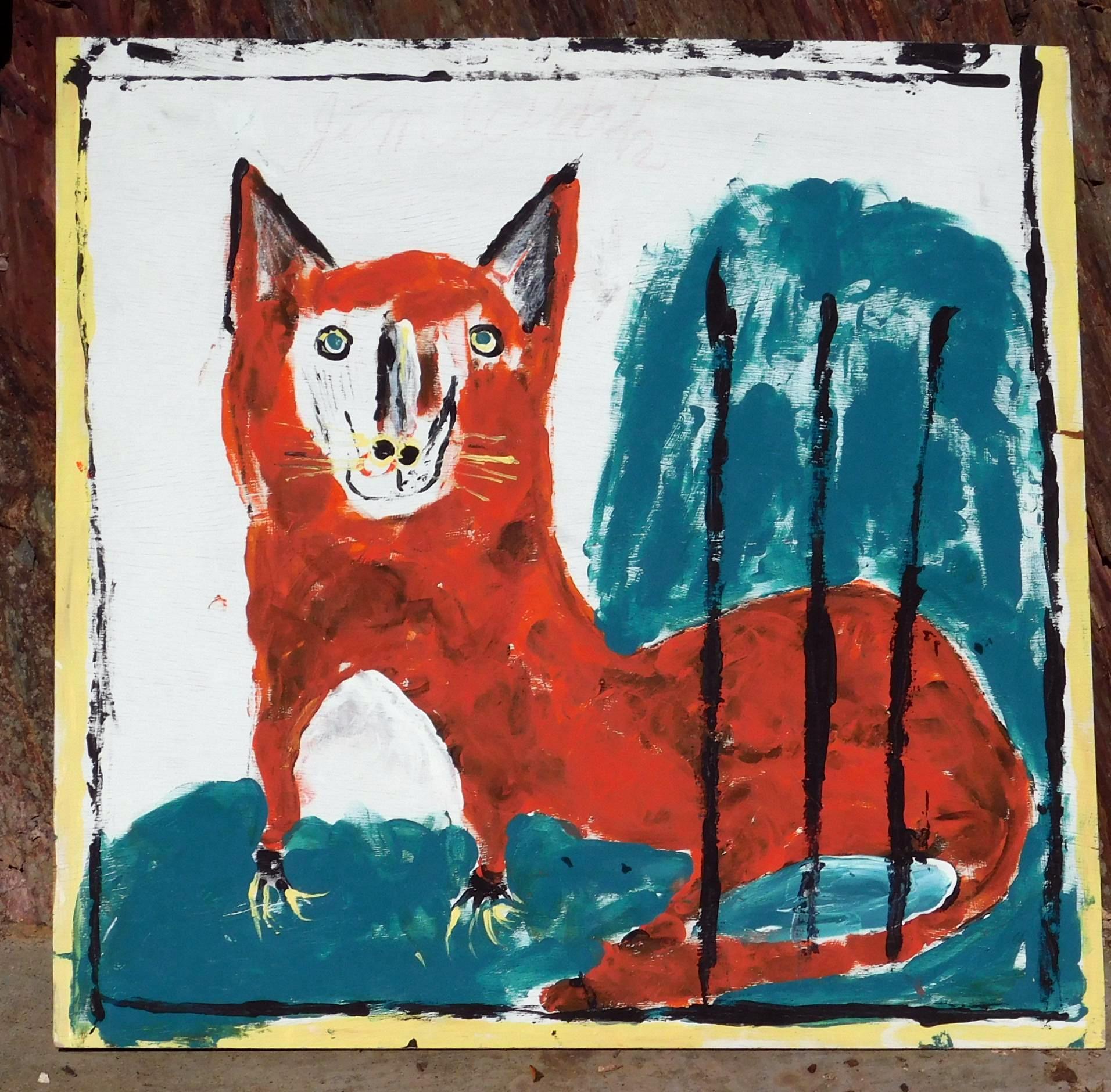 Jimmie Lee Sudduth Folk Art Painting, circa 1990's - The Red Fox - Gray Animal Painting by Jimmy Lee Sudduth