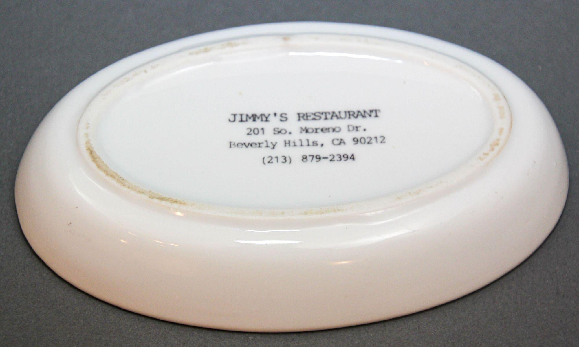 Jimmy's Restaurant Beverly Hills Plato Cenicero de Porcelana Coleccionable Años 80 en Bueno estado para la venta en North Hollywood, CA