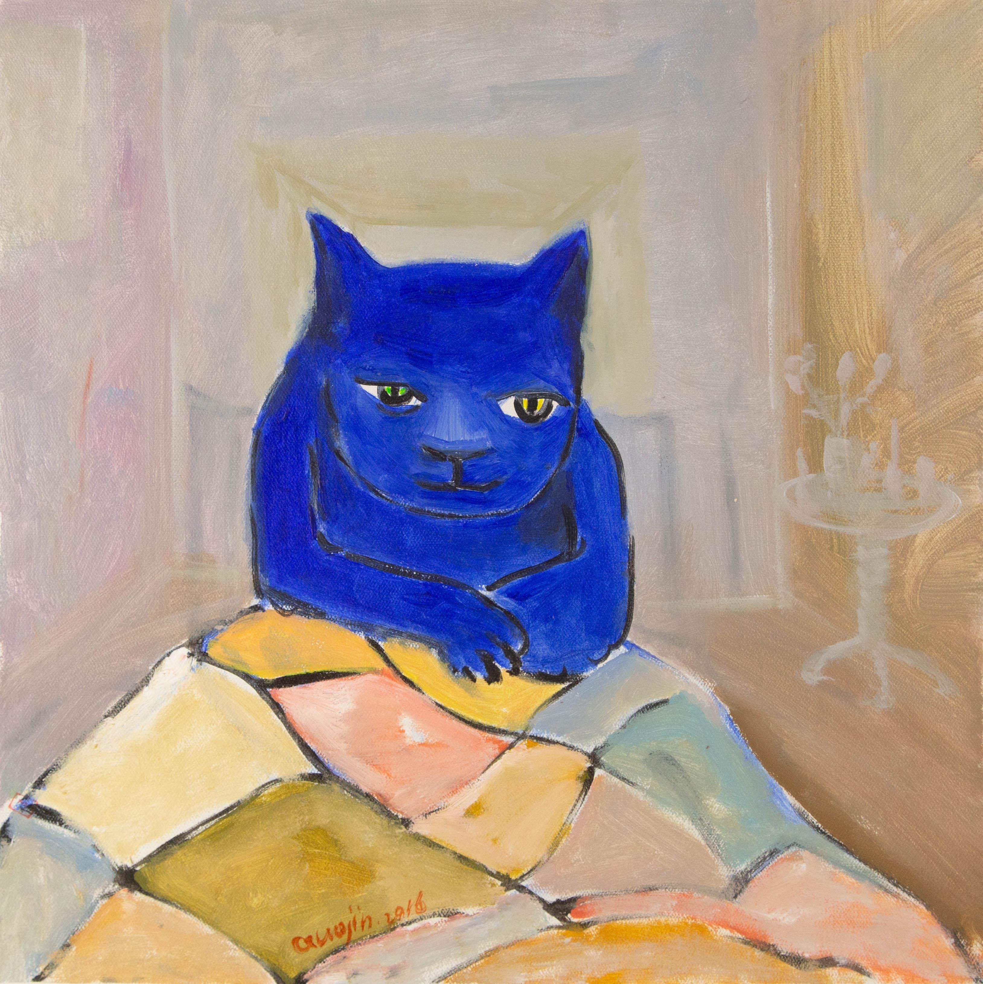 Jin Guo Tierische Original-Acryl auf Leinwand "Blaue Katze"