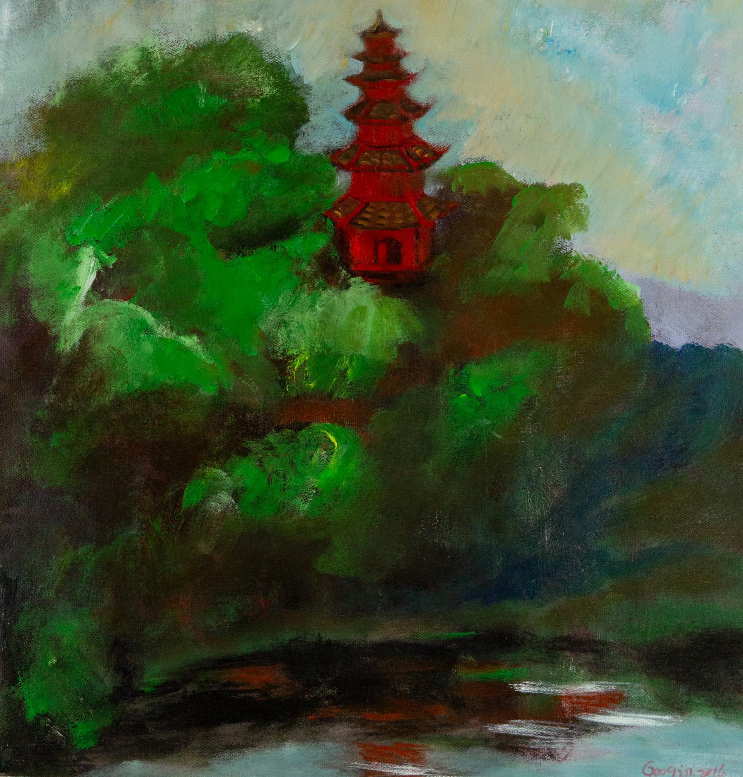 Jin Guo Landschaft, Original, Ölgemälde auf Leinwand, „Red Tower“