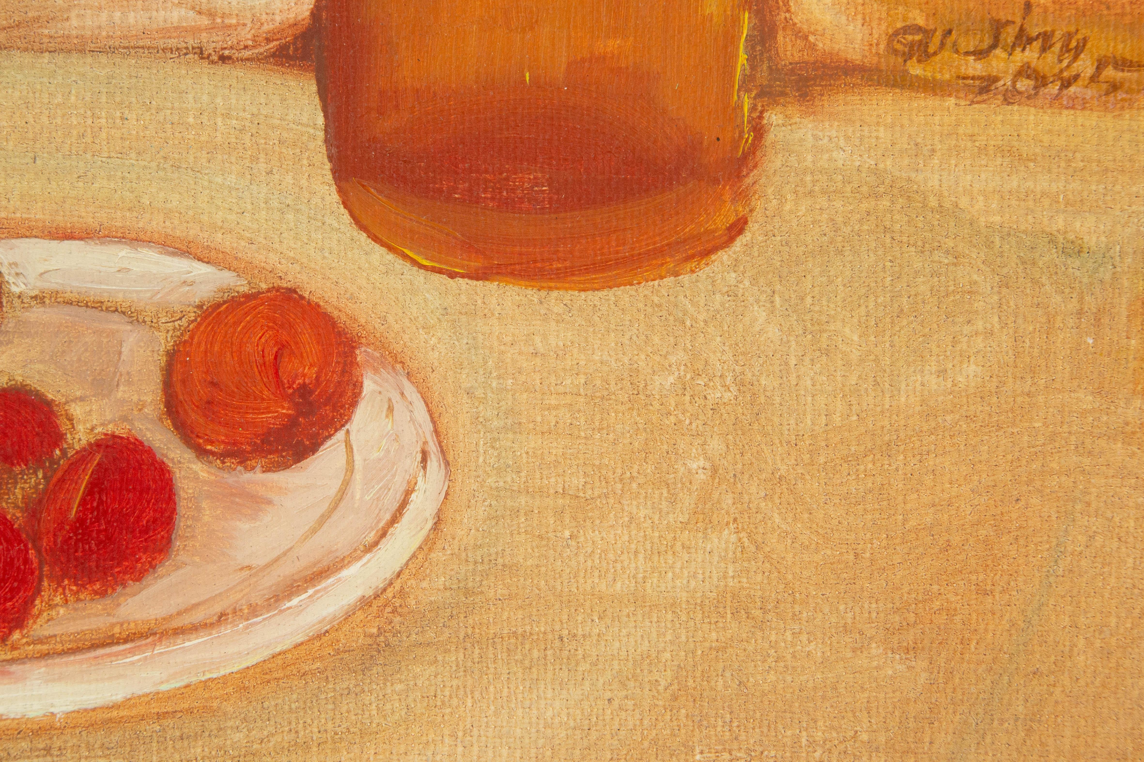 Jin Guo Stillleben Original Ölgemälde auf Leinwand „Früchte und Flasche“ im Angebot 4