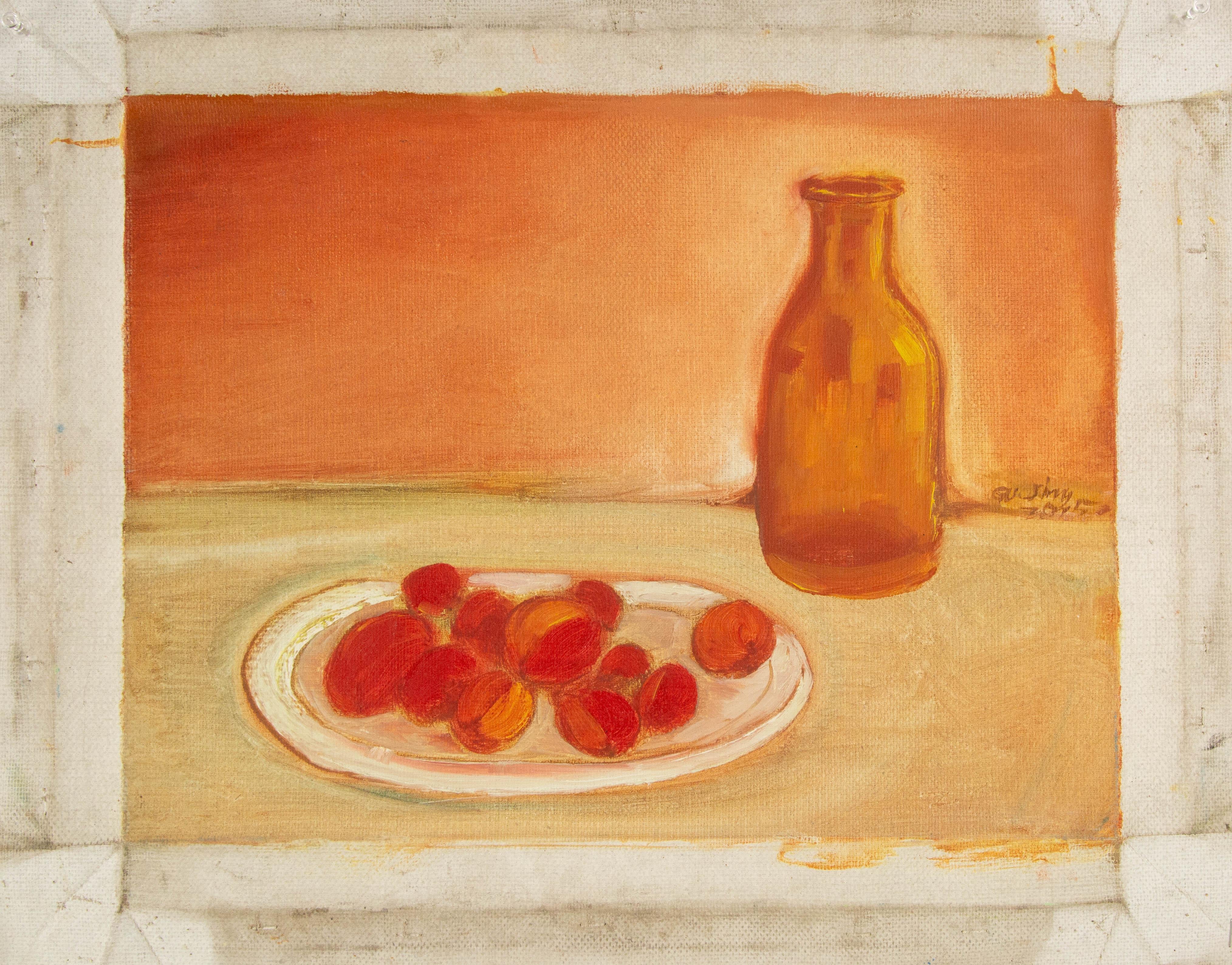 Jin Guo Stillleben Original Ölgemälde auf Leinwand „Früchte und Flasche“ im Angebot 8