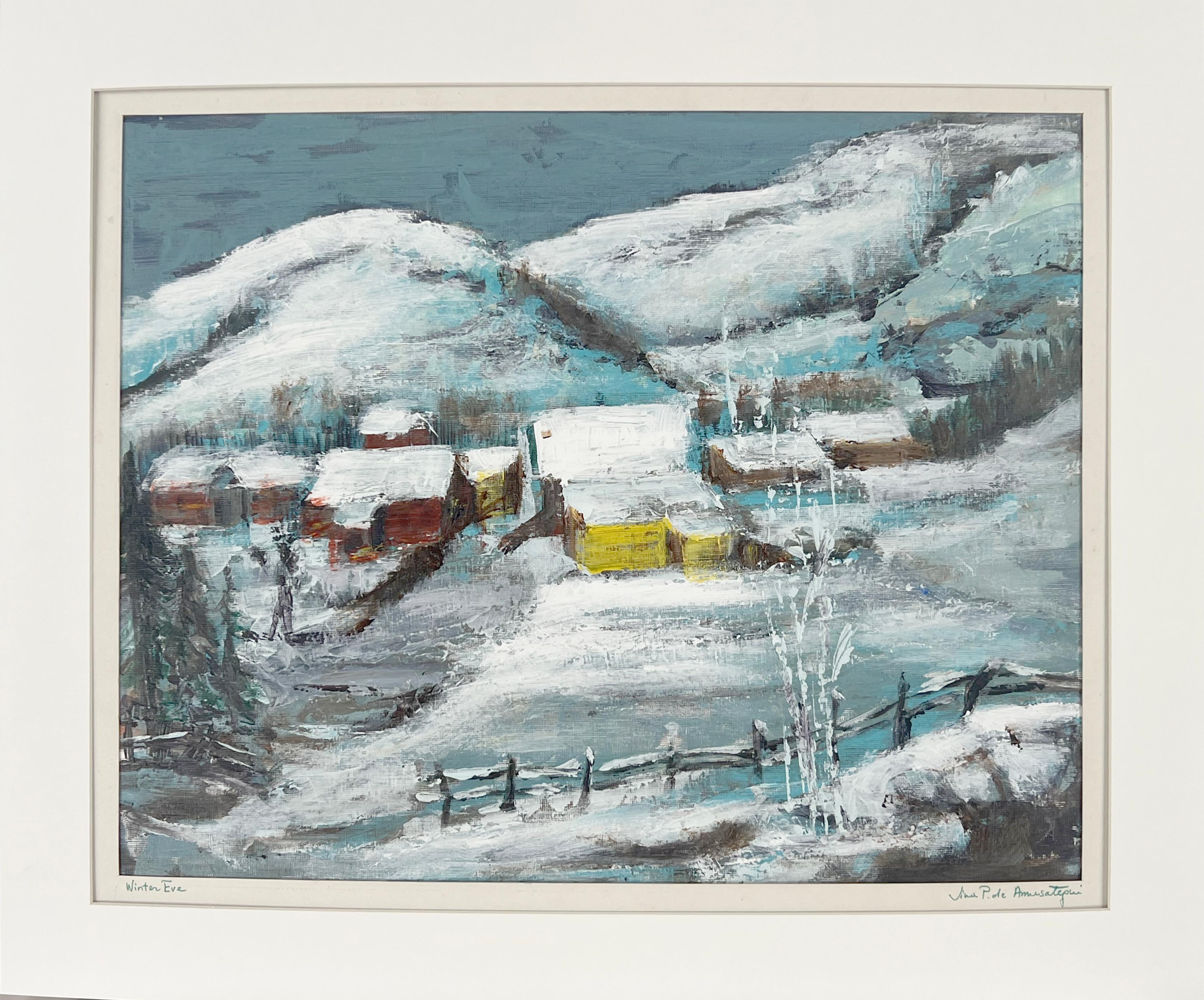Jina P. de Amusategui Landscape Painting - "Winter Eve" Snow in Santa Fe New Mexico - Oil on Paper