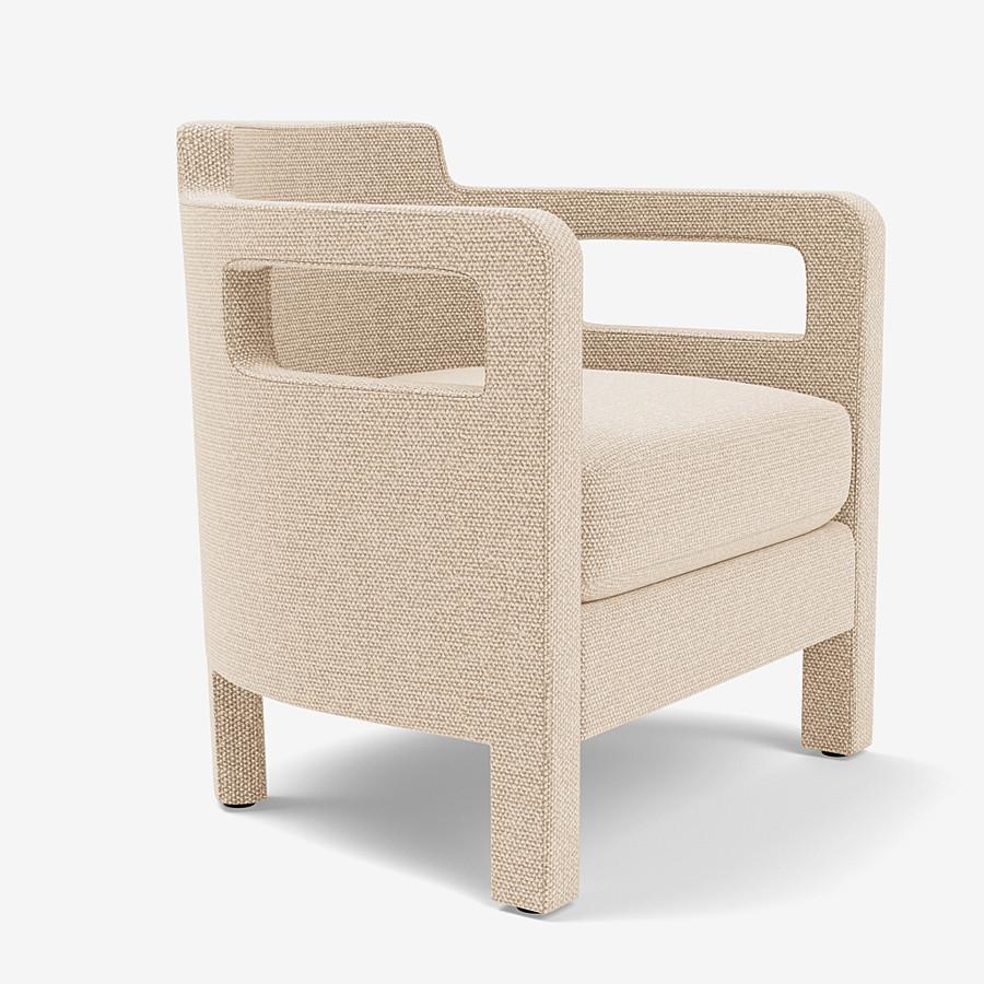 This Jinbao Street lounge chair by Yabu Pushelberg is upholstered in Aberdeen Avenue boucle chenille blend. Aberdeen Avenue comes in 7 colorways from Italy with a composition of 43% Viscose, 17% Polyacrylic, 15% Wool, 9% Cotton, 8% Linen and 8%