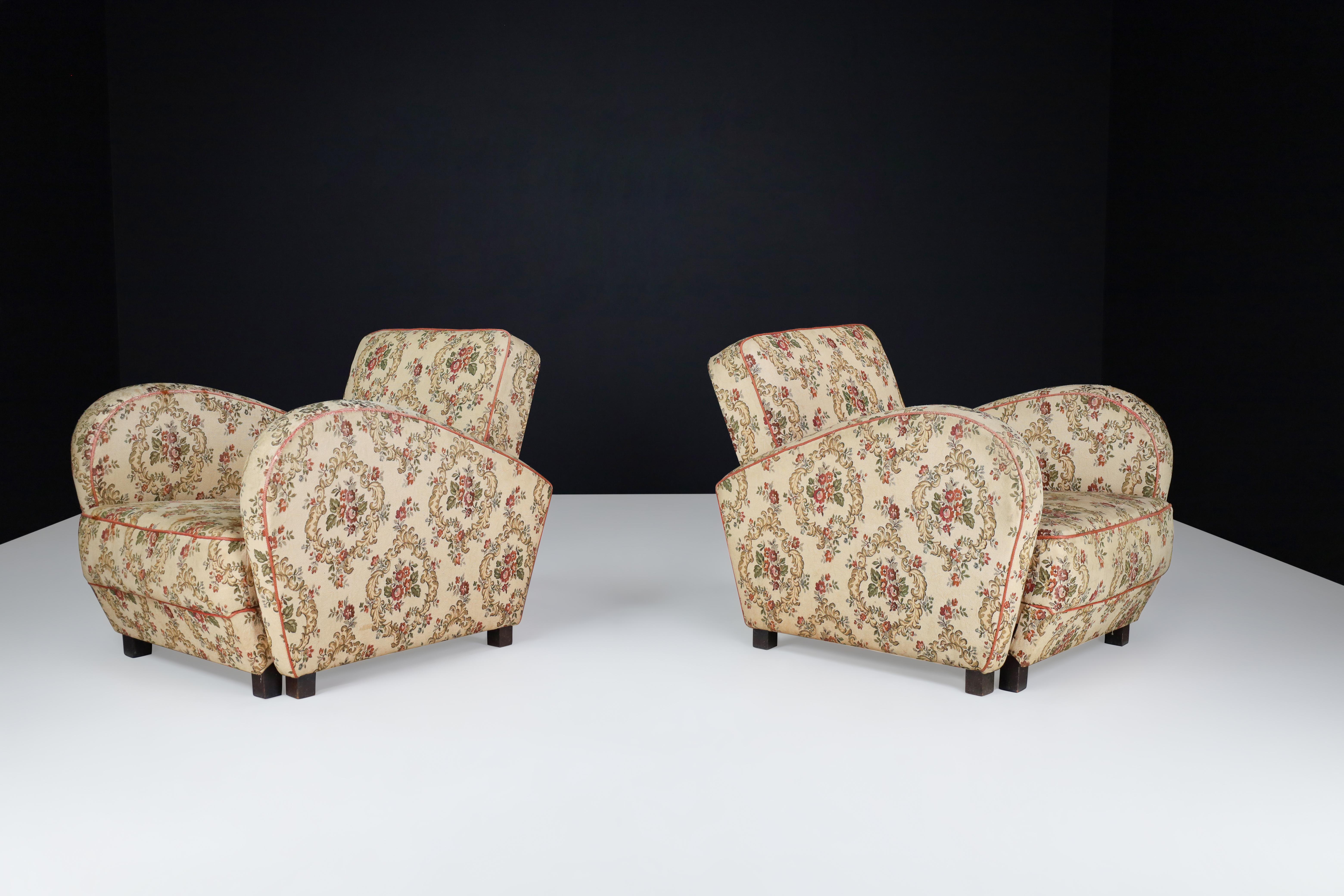 Czech Jindrich Halabala Art Deco Lounge Chairs in Floral Upholstery For Sale