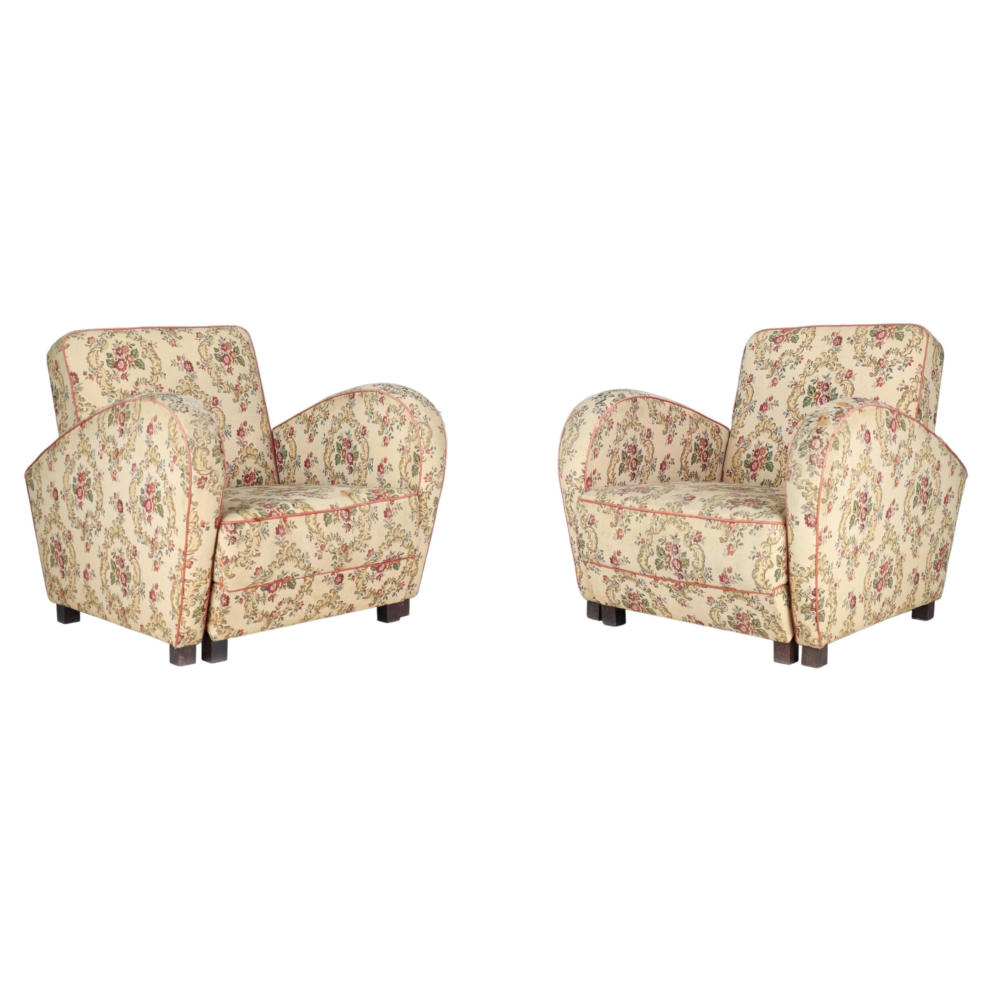 Jindrich Halabala Art Deco Lounge Chairs in Floral Upholstery For Sale