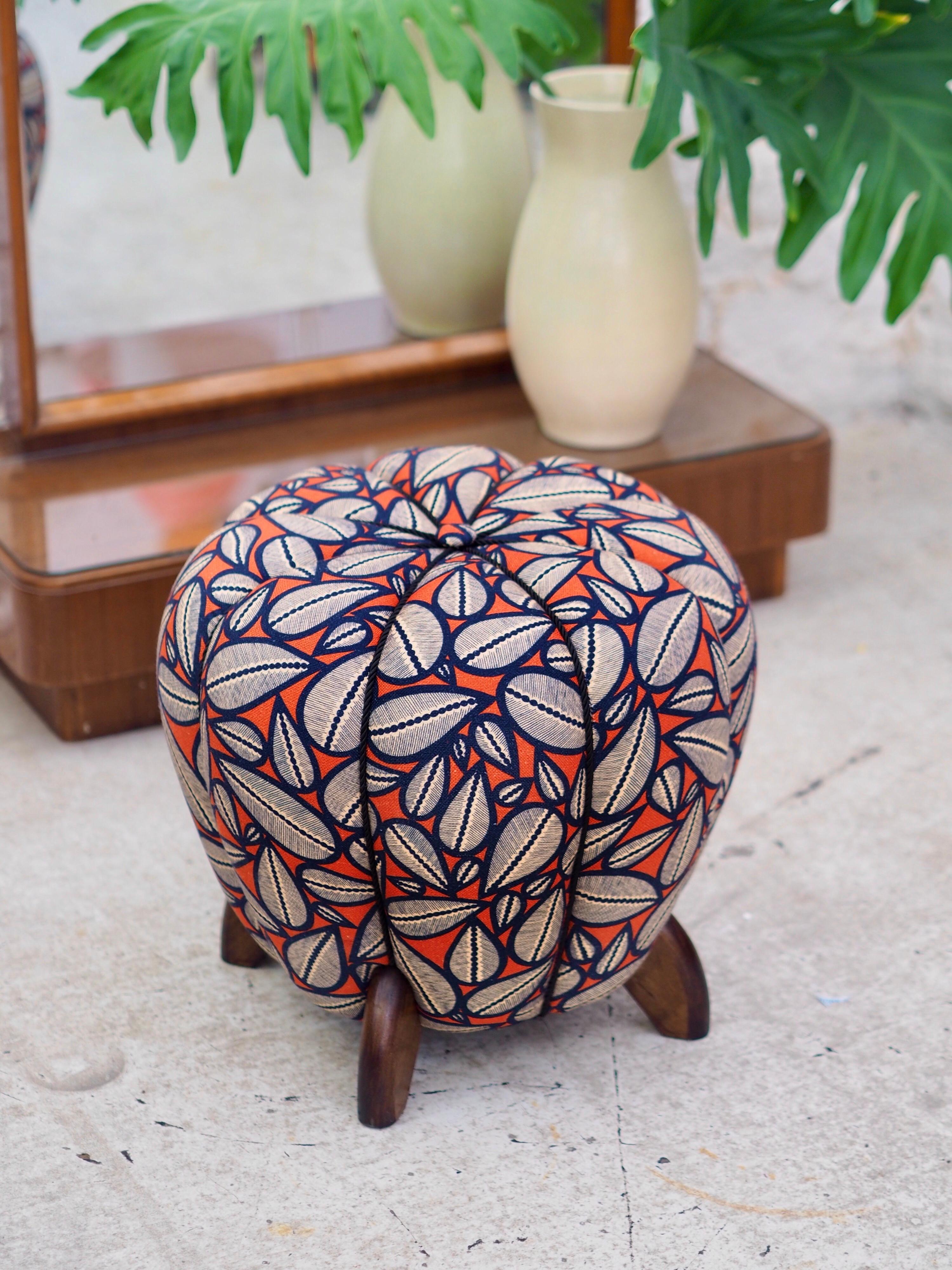 Czech Jindrich Halabala Art Deco Stool, Leaf Pattern, Pouf, Ottoman, Footstool, 1930s