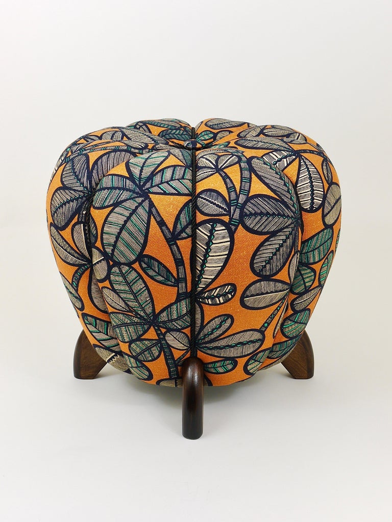 Jindrich Halabala Art Deco Stool, Leaf Pattern, Pouf, Ottoman, Footstool, 1930s In Excellent Condition In Vienna, AT
