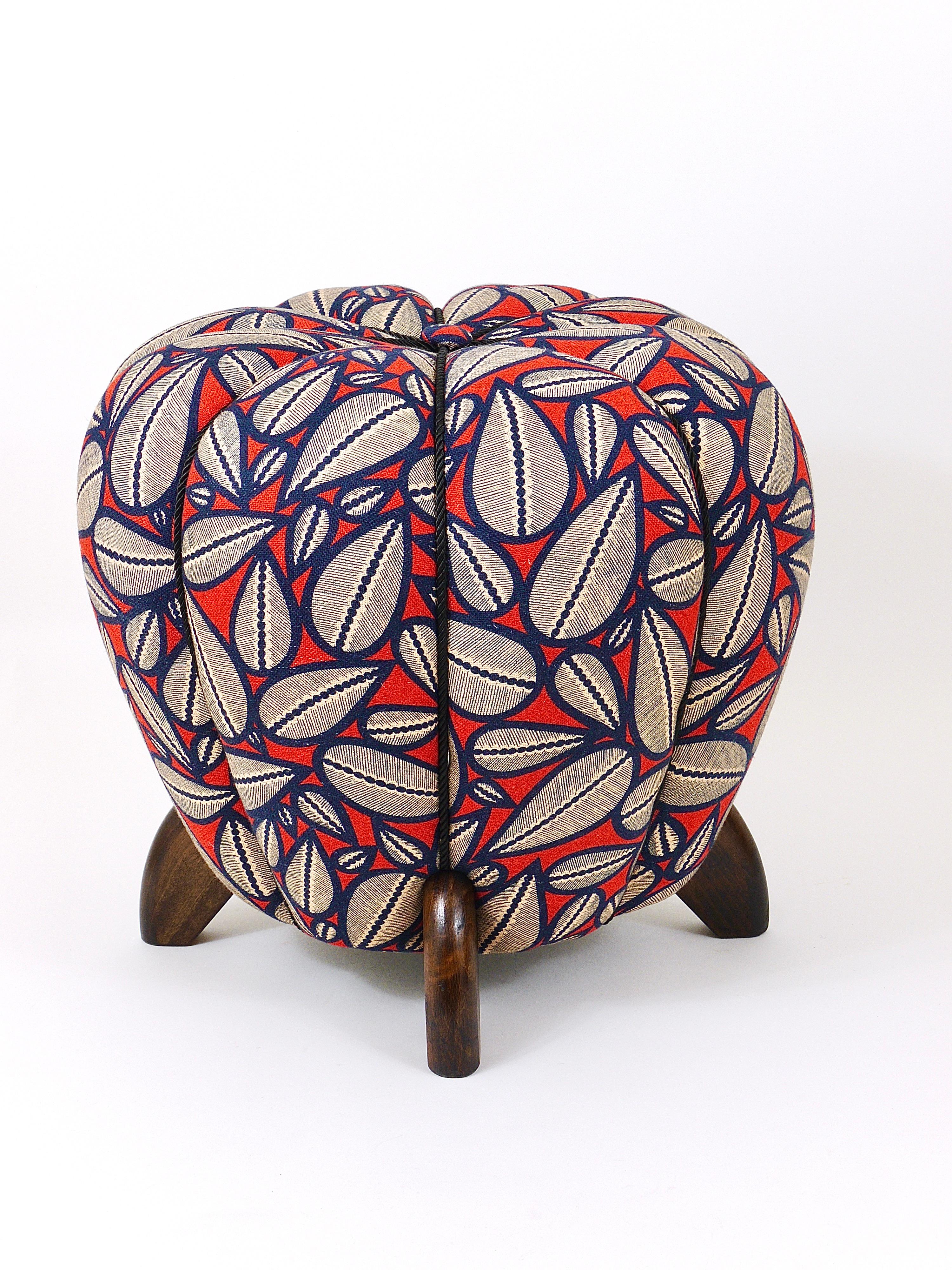 Tissu Tabouret Art Déco Jindrich Halabala, motif feuille, pouf, ottoman, repose-pieds, années 1930